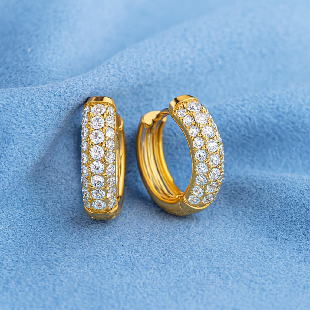 Classic Pave Set Sparkling Hoop Earrings 925 Sterling Silver Yellow Plated