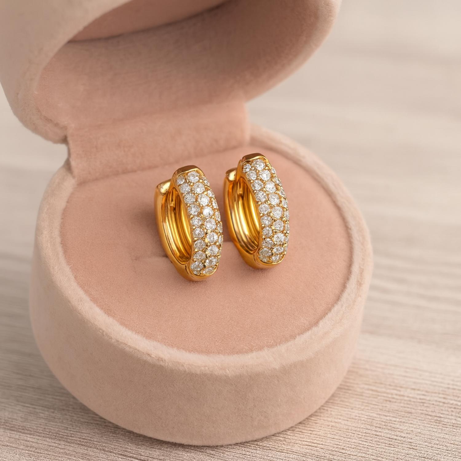 Classic Pave Set Sparkling Hoop Earrings 925 Sterling Silver Yellow Plated