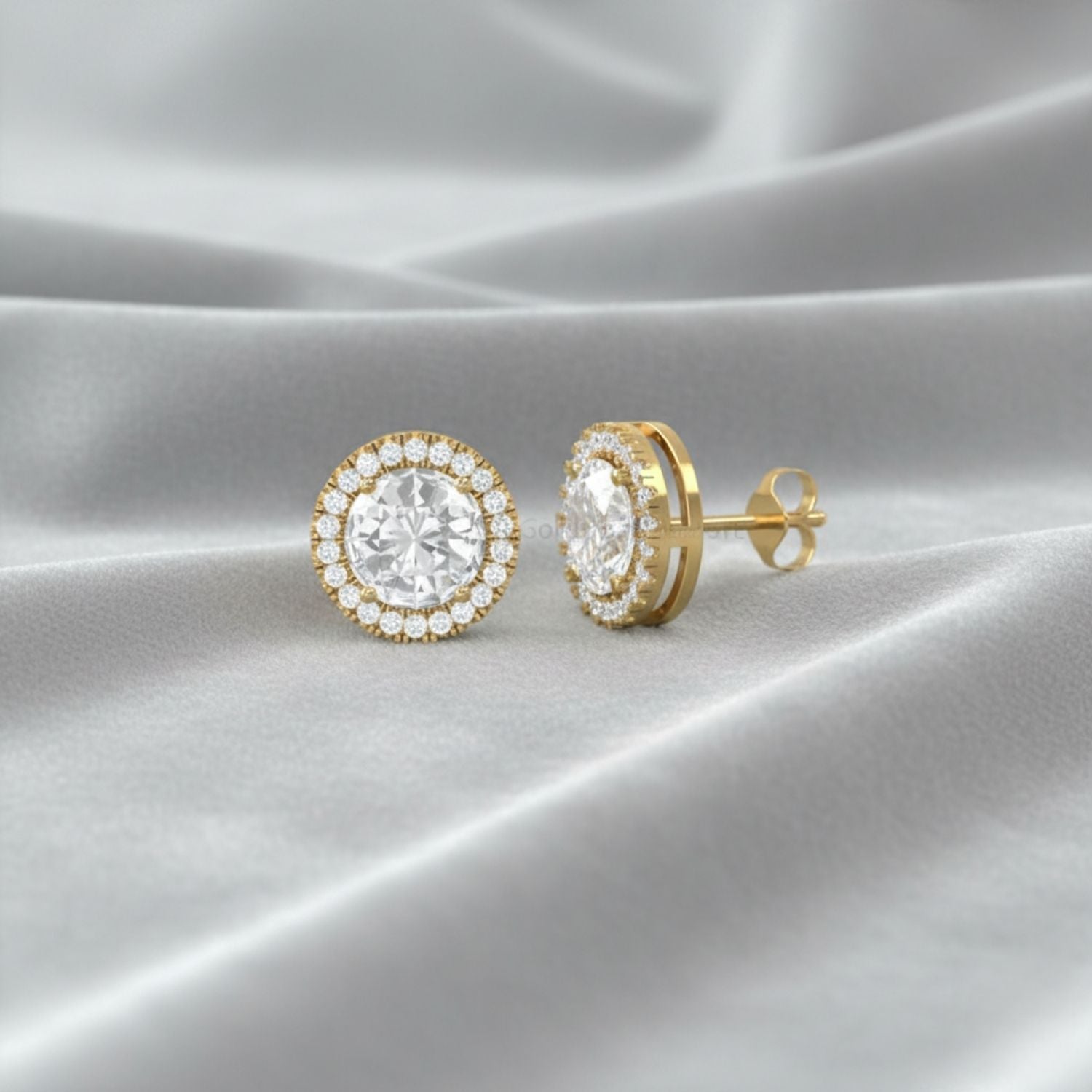 Halo Round CZ Stud Earrings 925 Sterling Silver Yellow Plated
