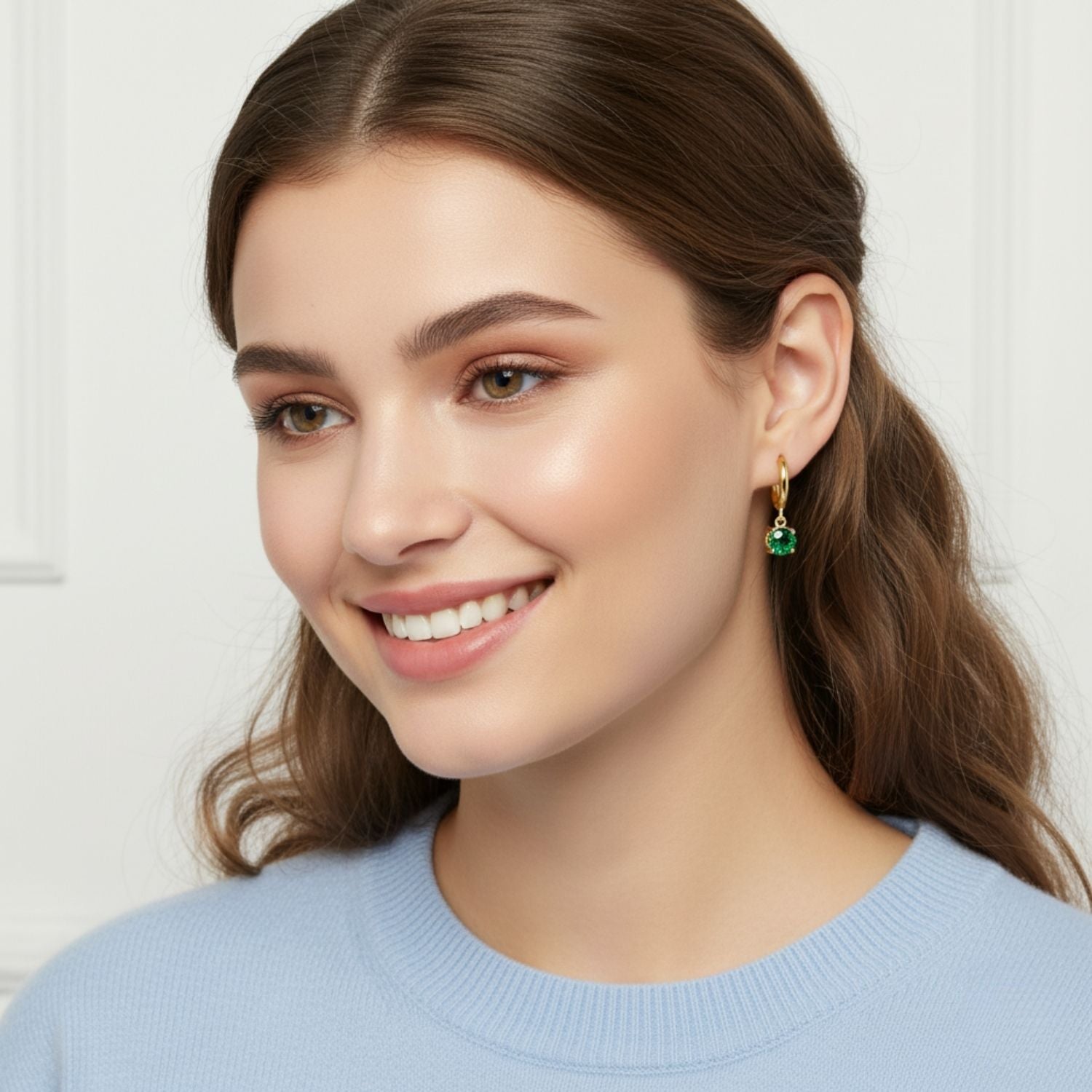 Green CZ Solitaire Drop Hoop Earrings 925 Sterling Silver Yellow Plated