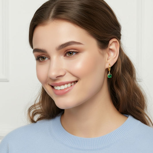 Green CZ Solitaire Drop Hoop Earrings – 925 Sterling Silver