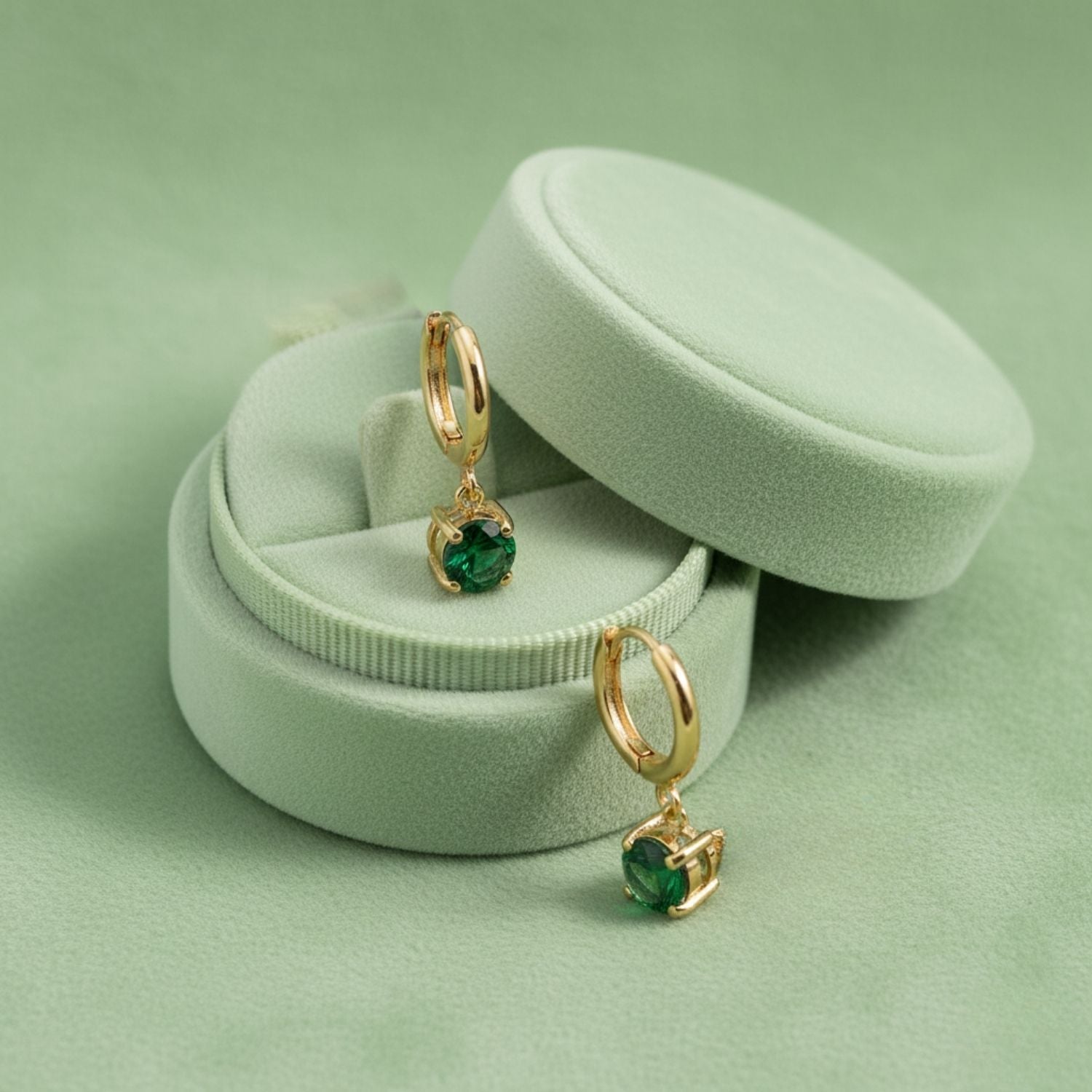 Green CZ Solitaire Drop Hoop Earrings 925 Sterling Silver Yellow Plated