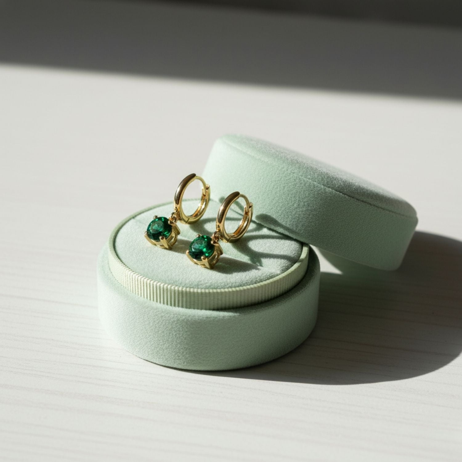 Green CZ Solitaire Drop Hoop Earrings 925 Sterling Silver Yellow Plated