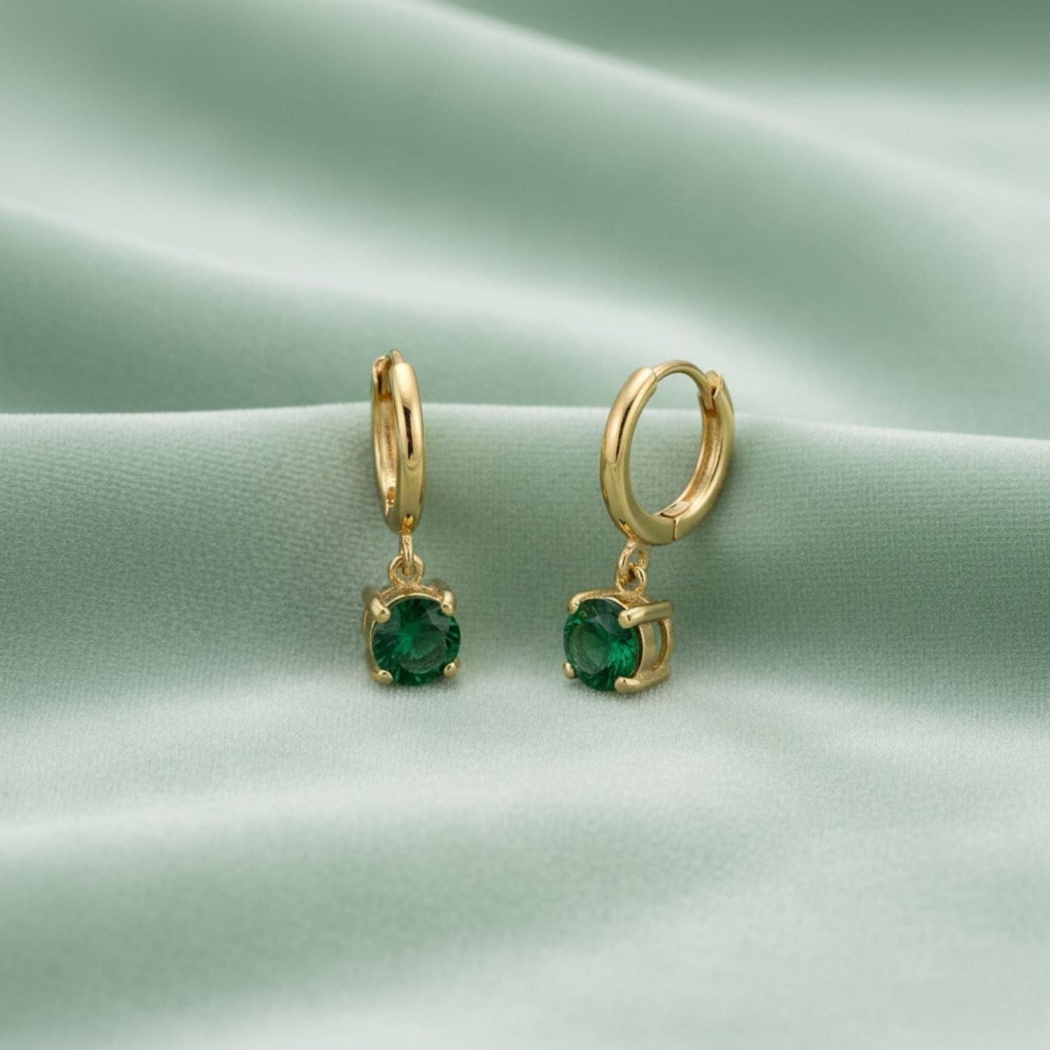 Green CZ Solitaire Drop Hoop Earrings 925 Sterling Silver Yellow Plated