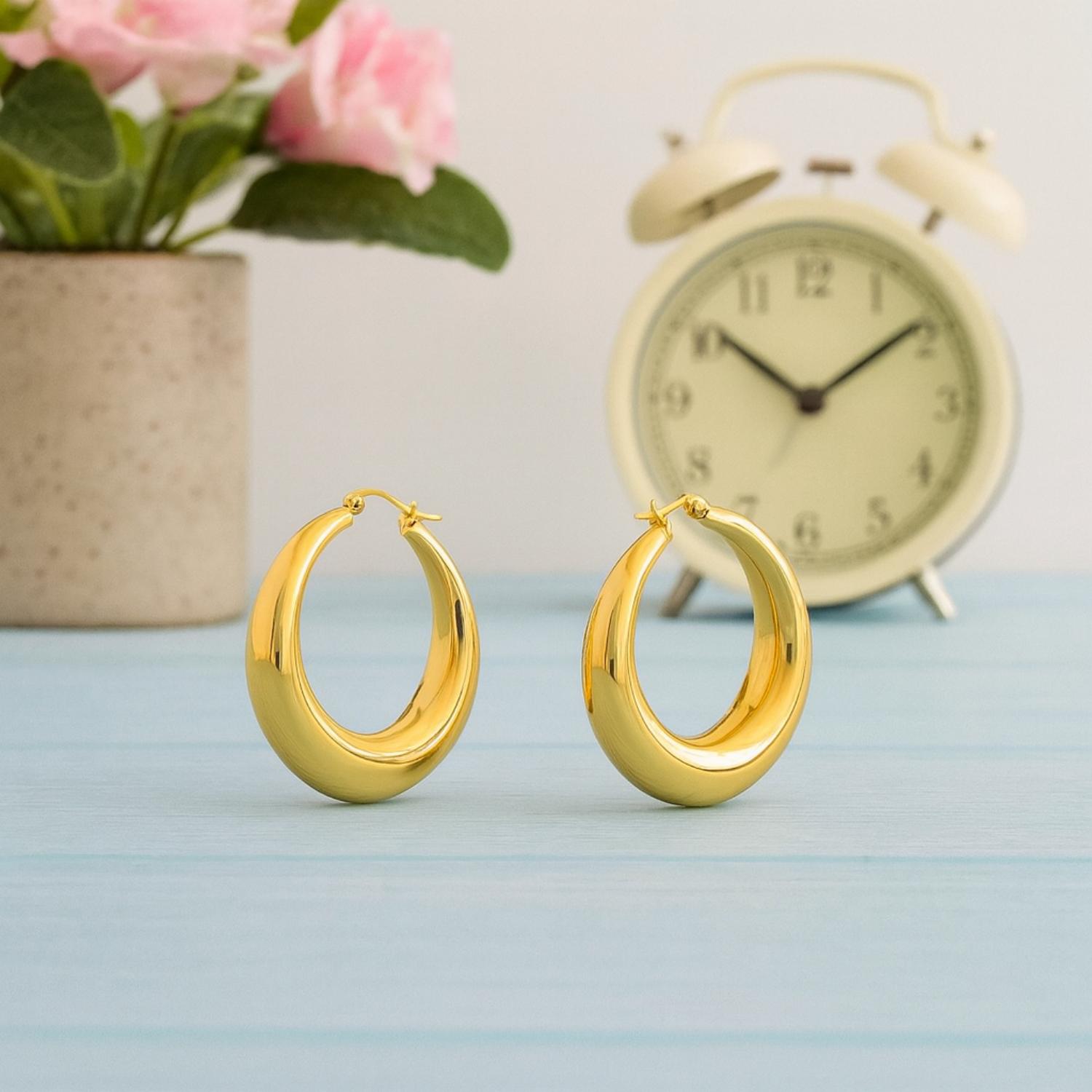 Classic Bold Dome Round Hoop Earrings 925 Sterling Silver Yellow Plated