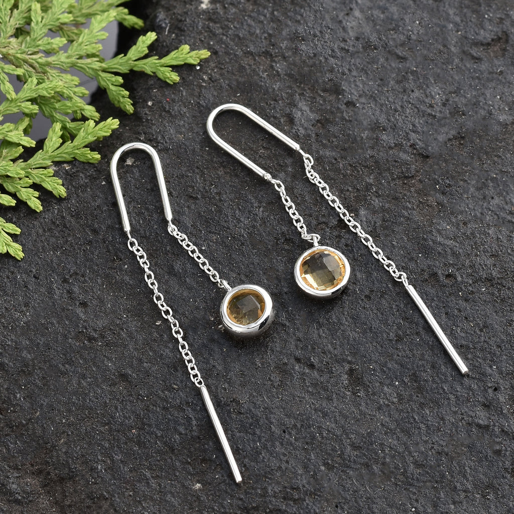 Round Citrine Drop Chain Earrings 925 Sterling Silver