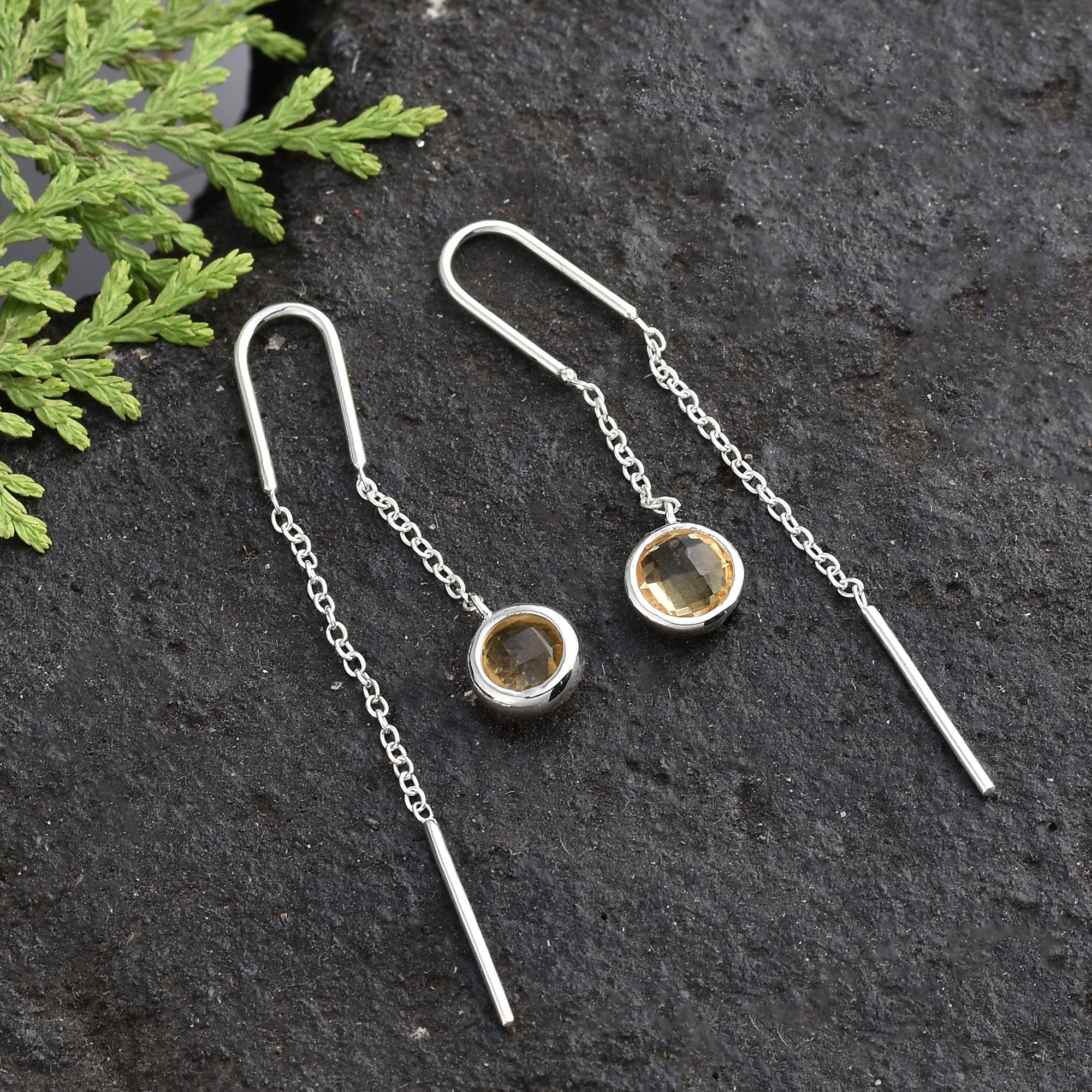 Round Citrine Drop Chain Earrings 925 Sterling Silver