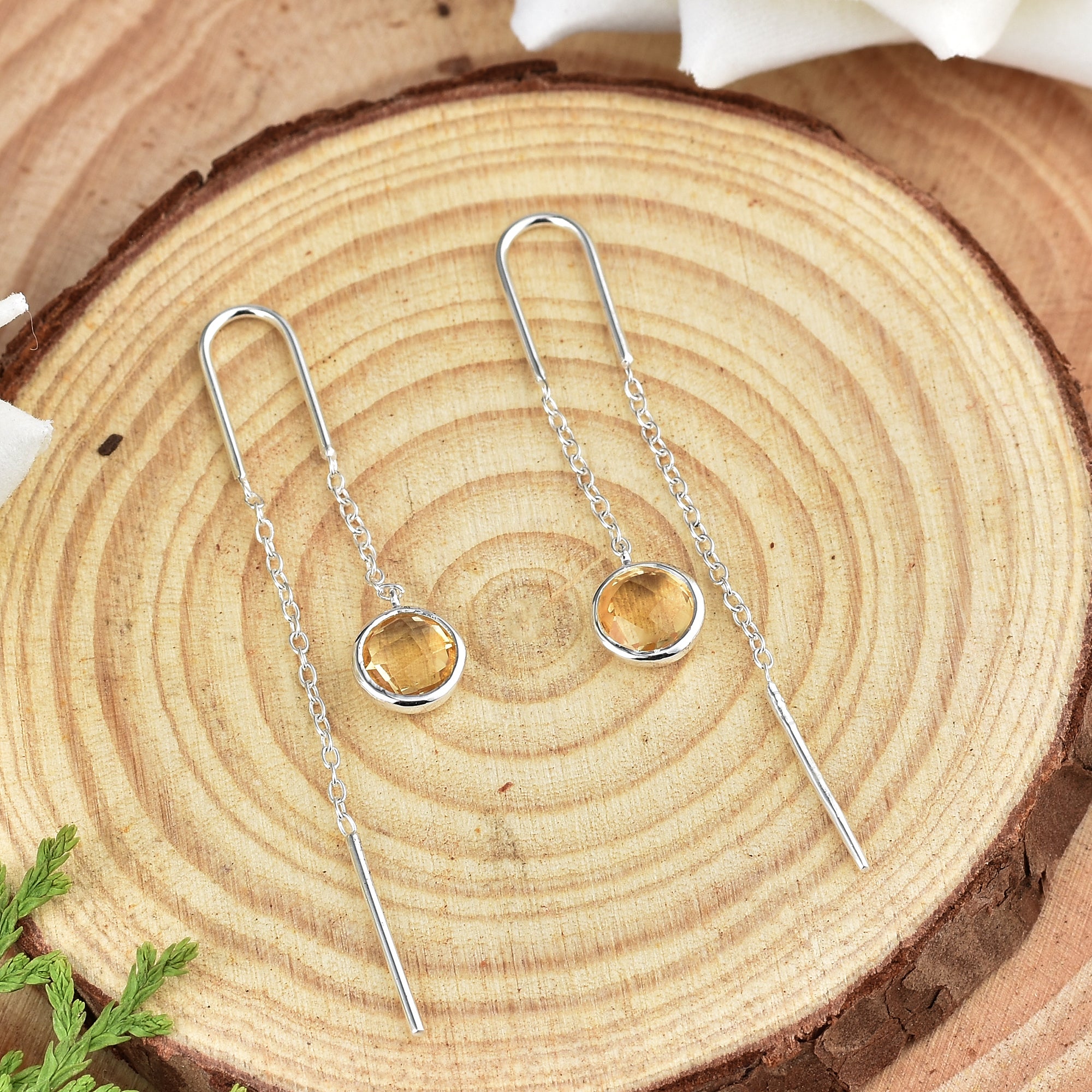 Round Citrine Drop Chain Earrings 925 Sterling Silver