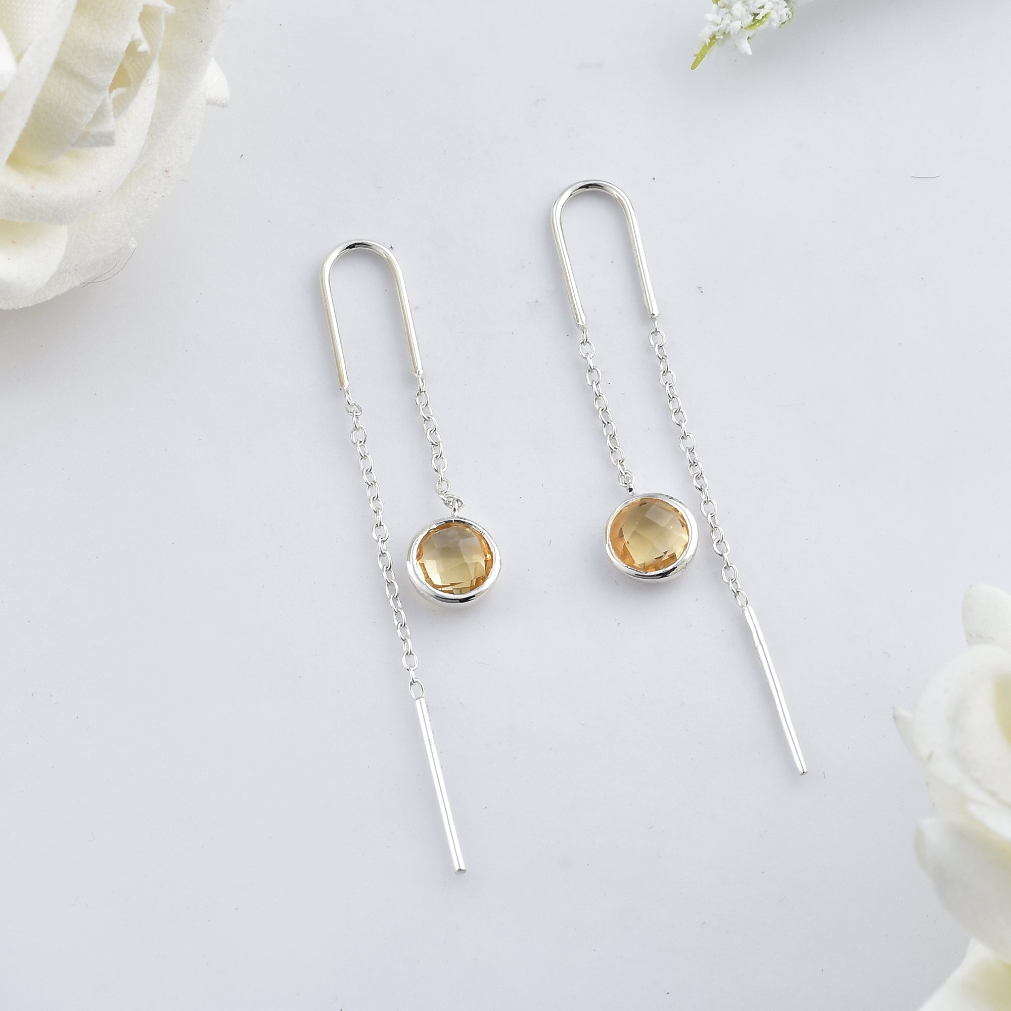Round Citrine Drop Chain Earrings 925 Sterling Silver