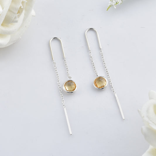 Round Citrine Threader Chain Earrings – 925 Sterling Silver