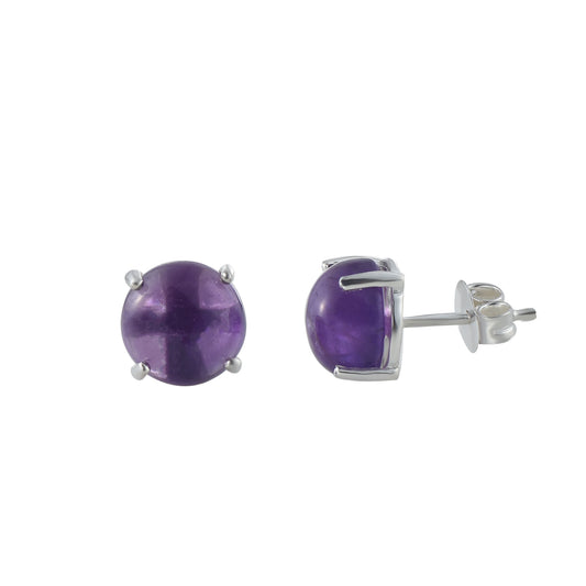 Round Amethyst Cabochon Stud Earrings – 925 Sterling Silver
