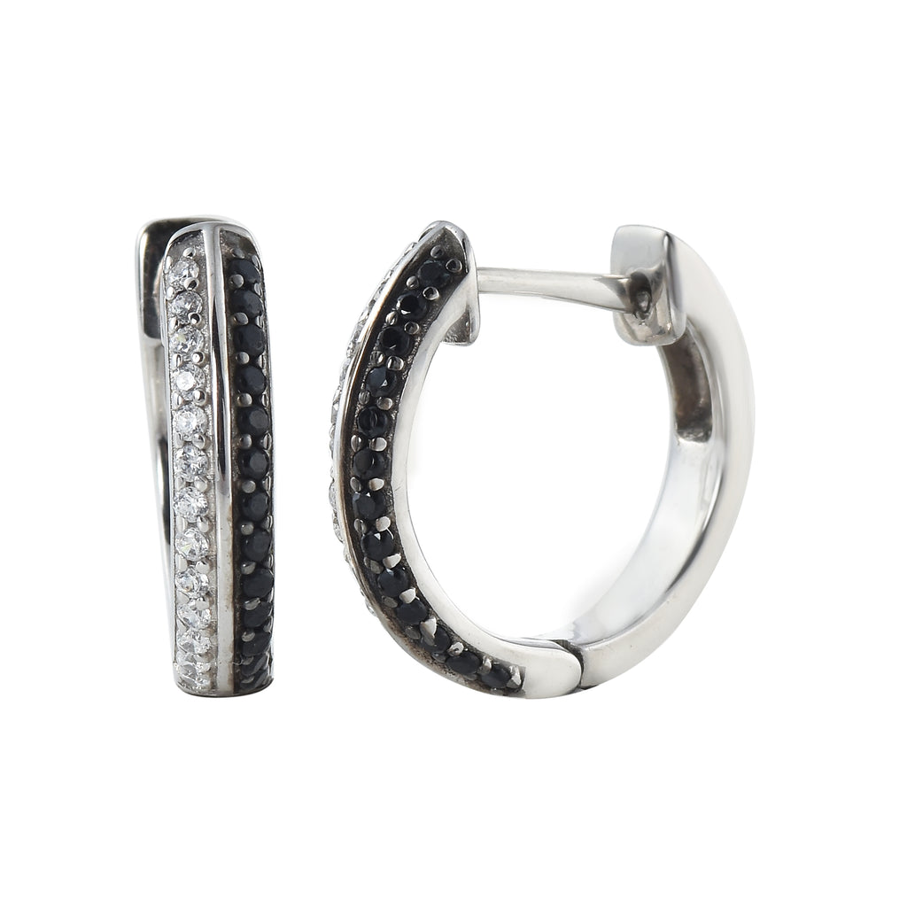 Round Black Spinel Huggie Hoop Earrings 925 Sterling Silver