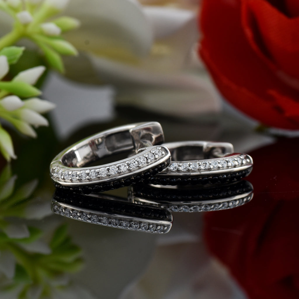 Round Black Spinel Huggie Hoop Earrings 925 Sterling Silver