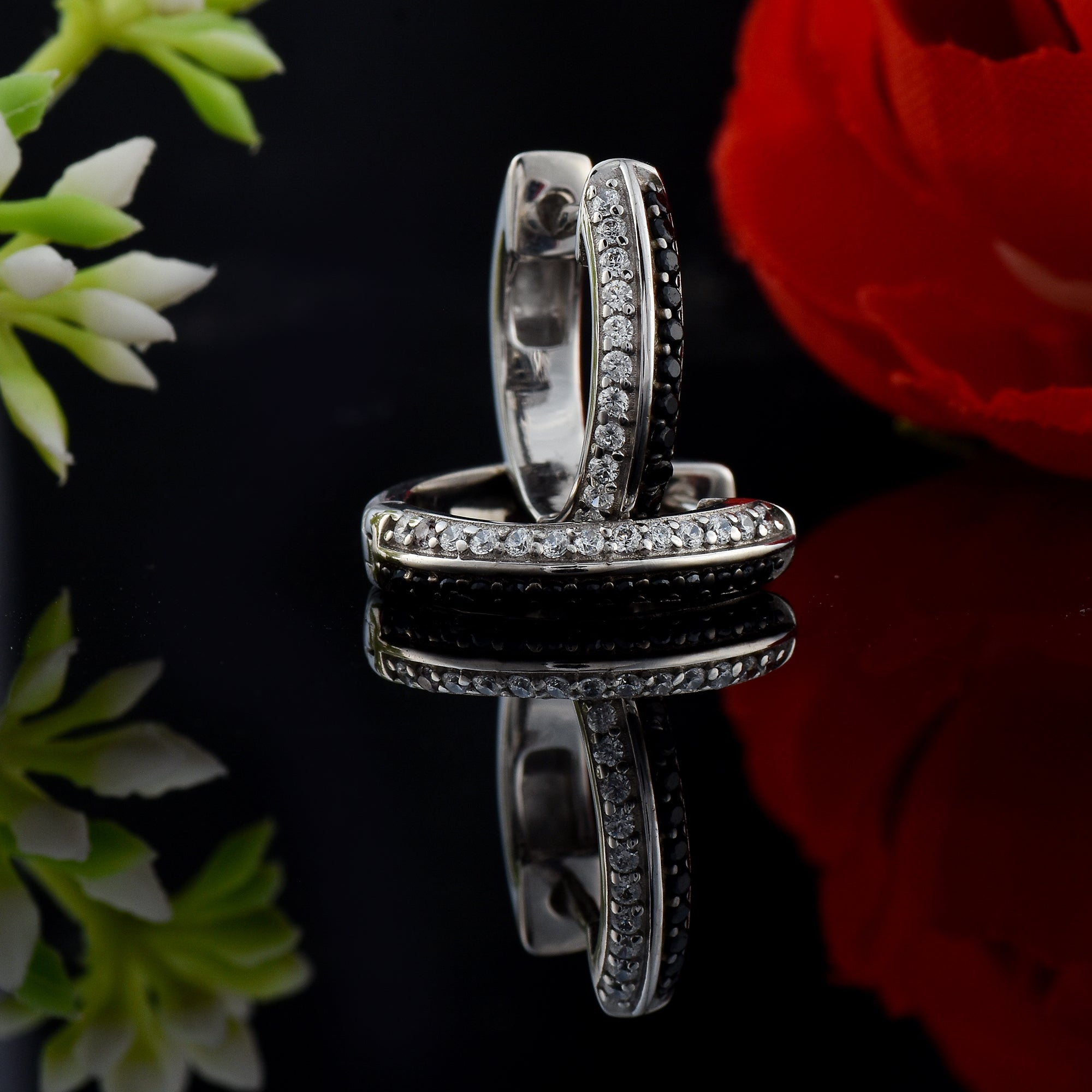 Round Black Spinel Huggie Hoop Earrings 925 Sterling Silver