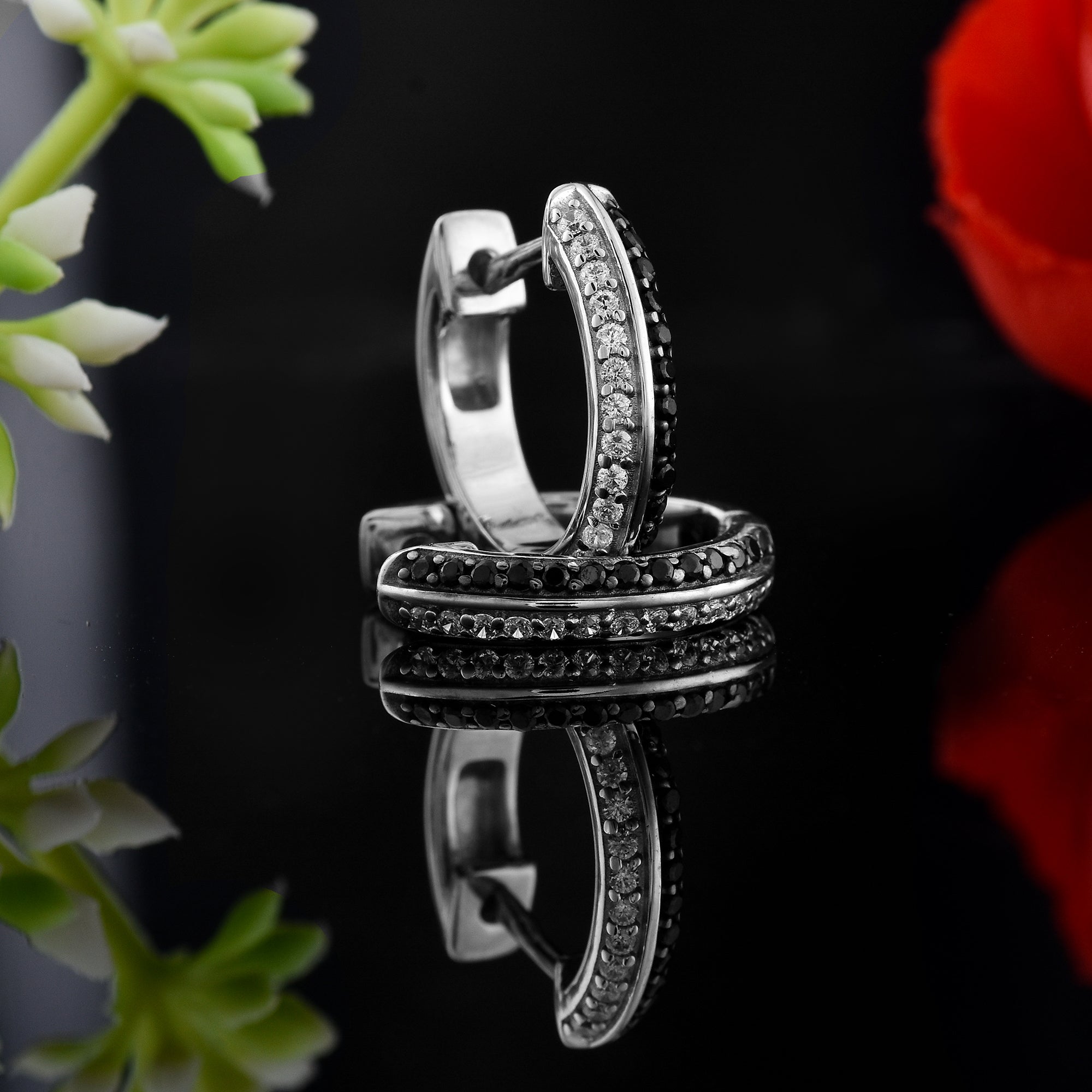 Round Black Spinel Huggie Hoop Earrings 925 Sterling Silver