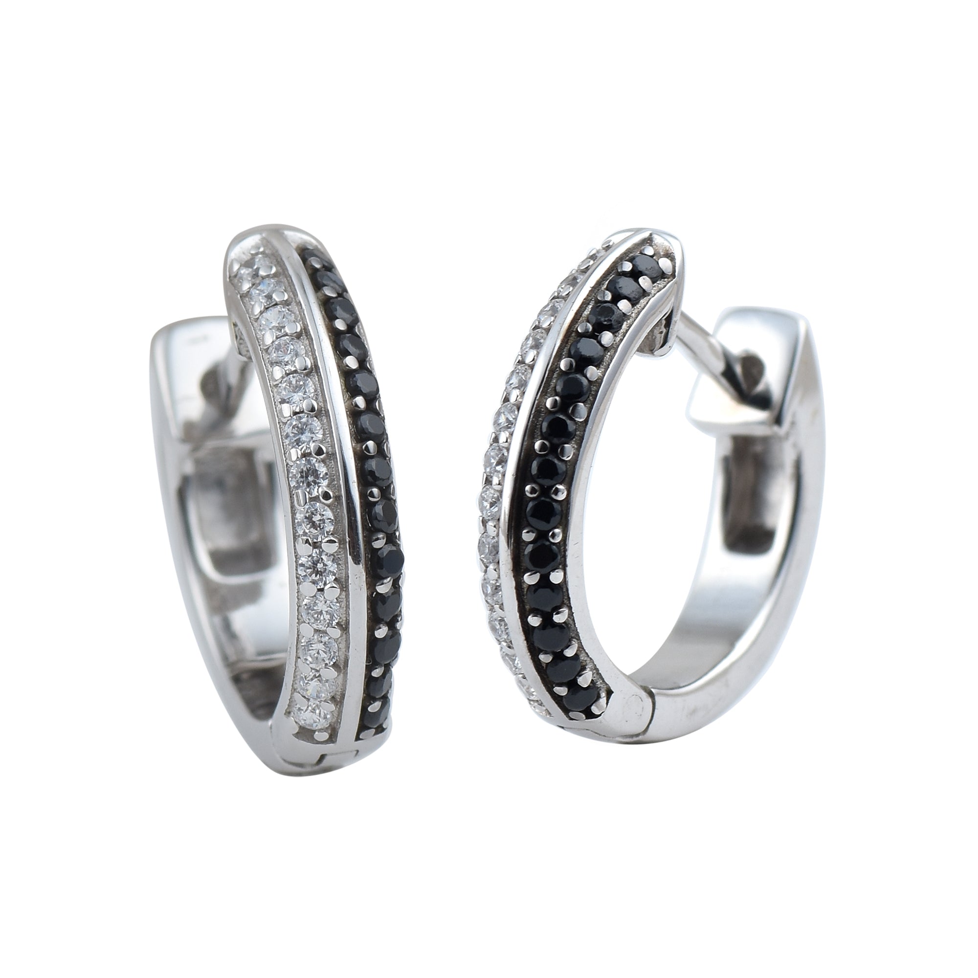 Round Black Spinel Huggie Hoop Earrings 925 Sterling Silver