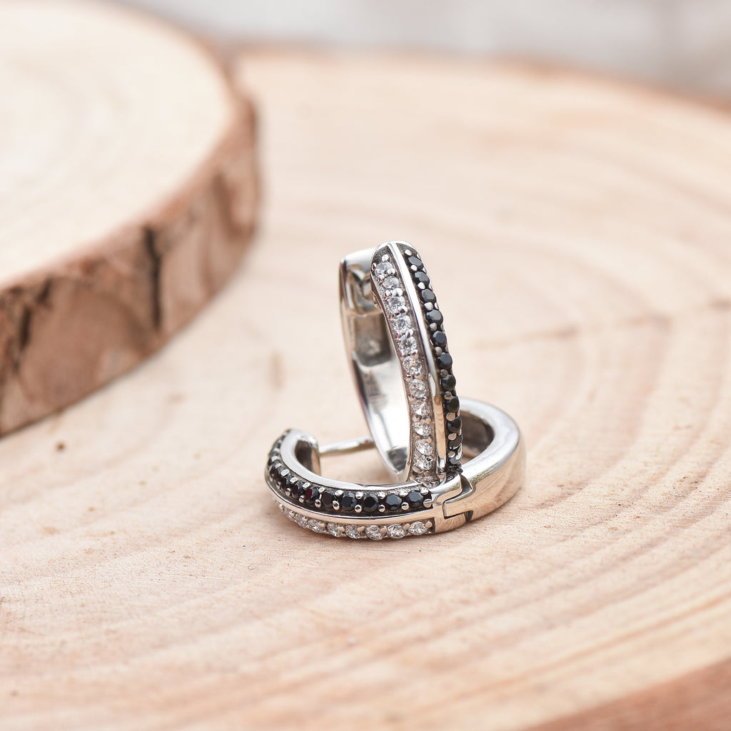 Round Black Spinel Huggie Hoop Earrings 925 Sterling Silver