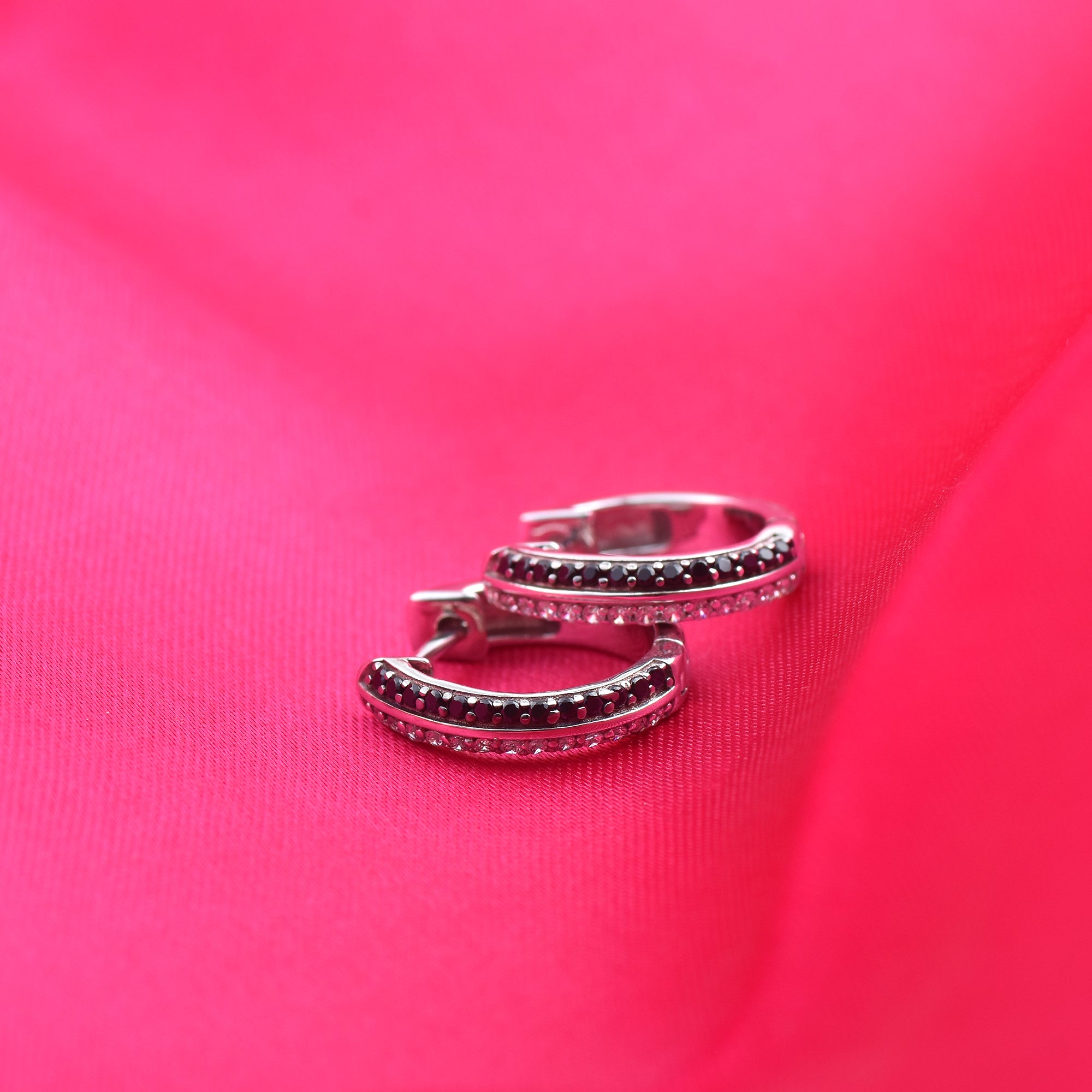 Round Black Spinel Huggie Hoop Earrings 925 Sterling Silver