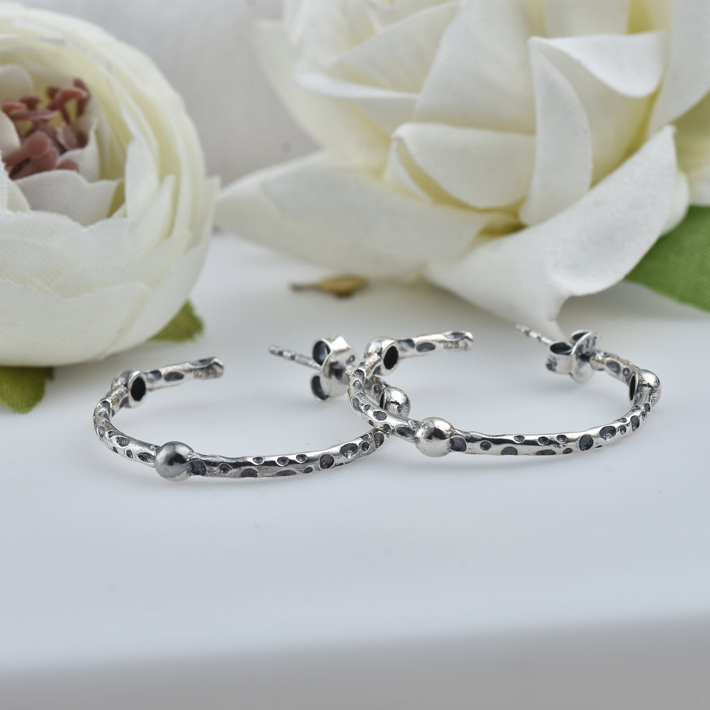 Textured Dot Pattern Hoop Earrings 925 Sterling Silver Oxidized