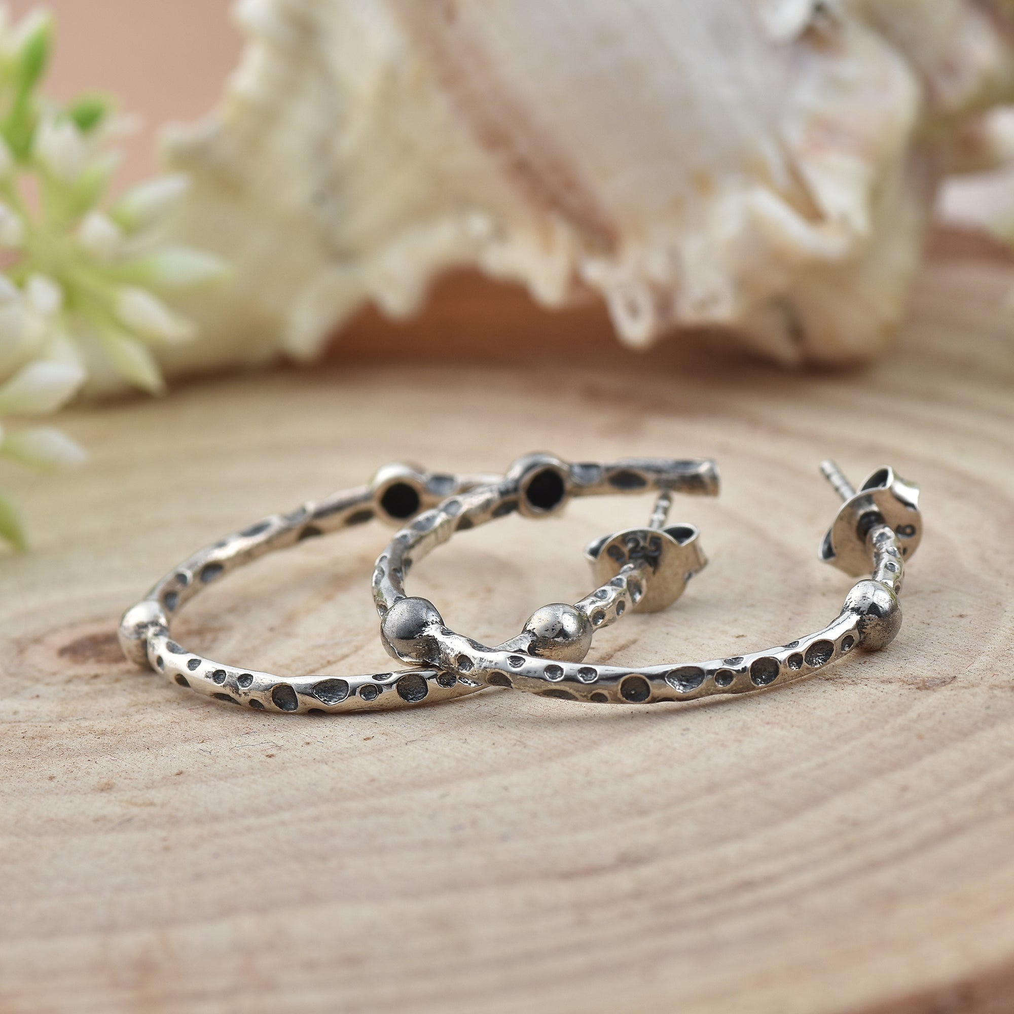 Textured Dot Pattern Hoop Earrings 925 Sterling Silver Oxidized