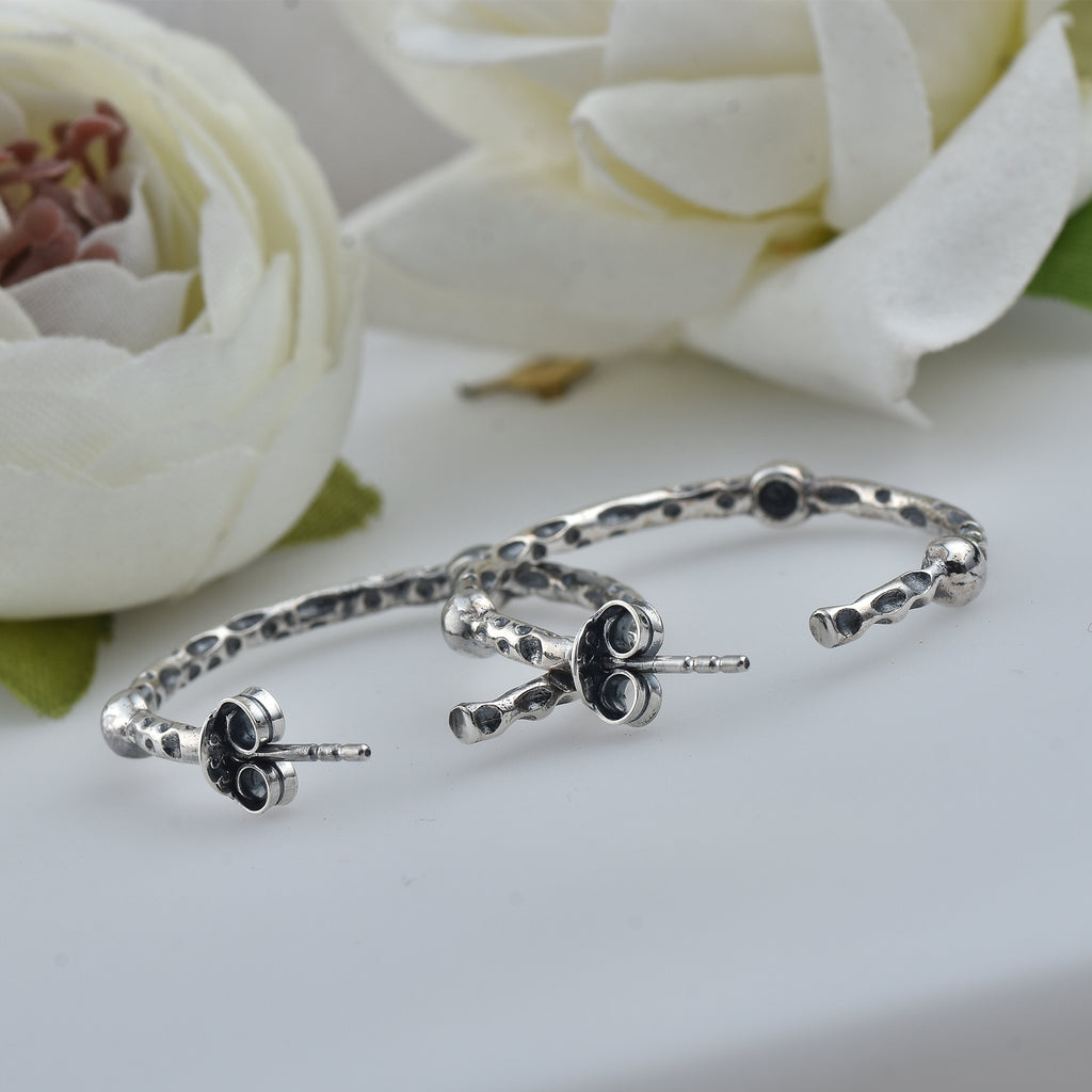 Textured Dot Pattern Hoop Earrings 925 Sterling Silver Oxidized