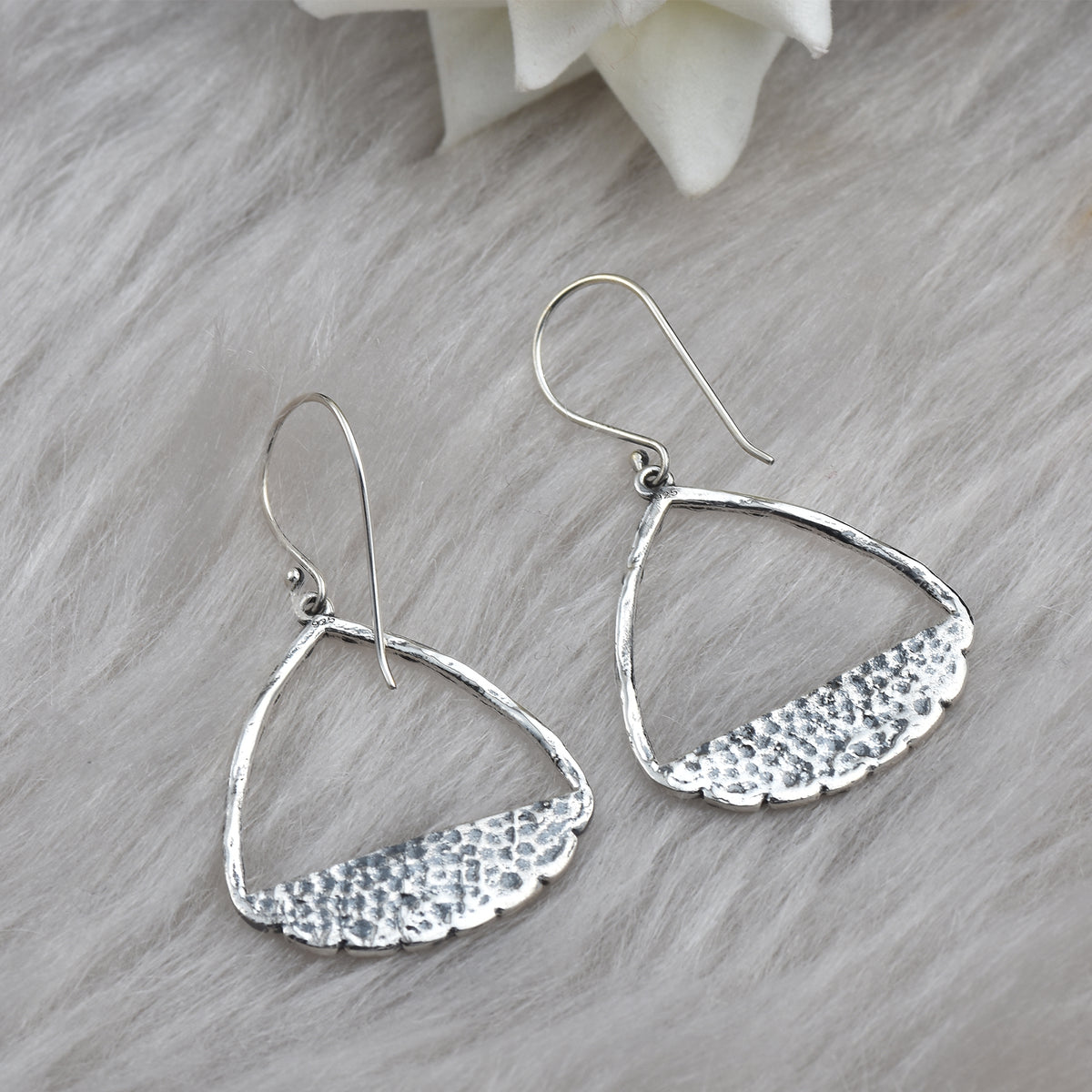 Hammered Open Triangle Dangle Earrings – 925 Sterling Silver