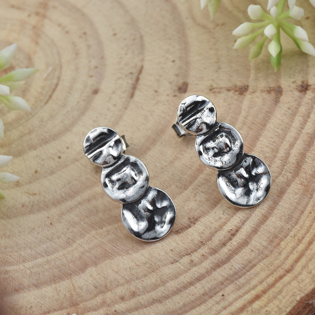 Hammered Modern Textured Statement Stud Earrings 925 Sterling Silver