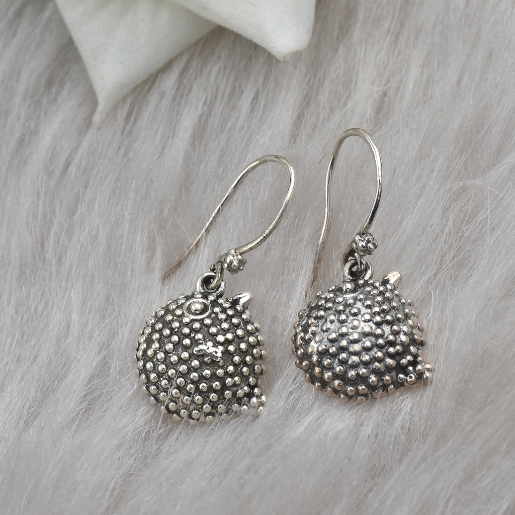 Handmade Ocean-Inspired Textured Puffer Fish Dangle Earrings 925 Sterling Silver