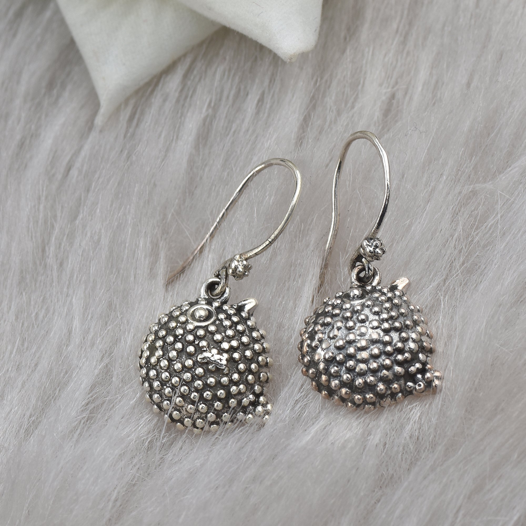 Handmade Ocean-Inspired Textured Puffer Fish Dangle Earrings 925 Sterling Silver