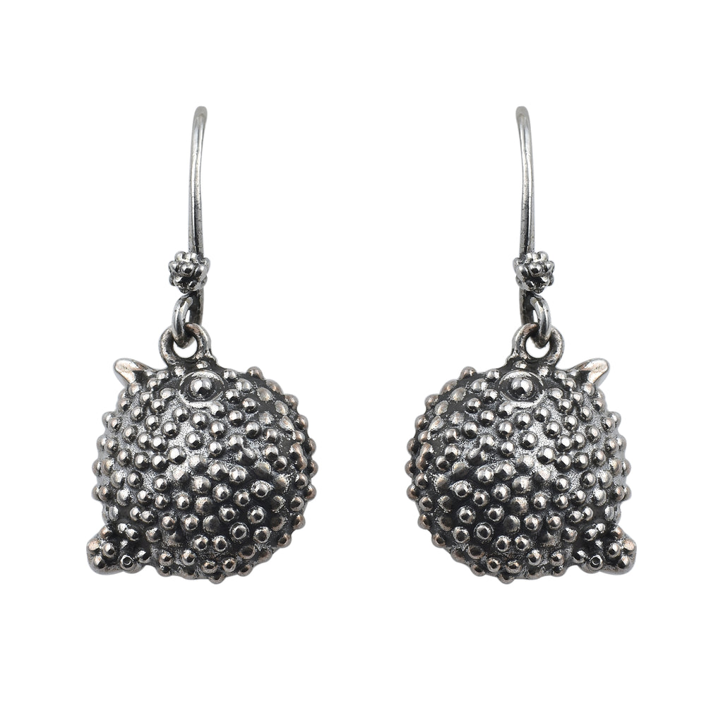 Handmade Ocean-Inspired Textured Puffer Fish Dangle Earrings 925 Sterling Silver