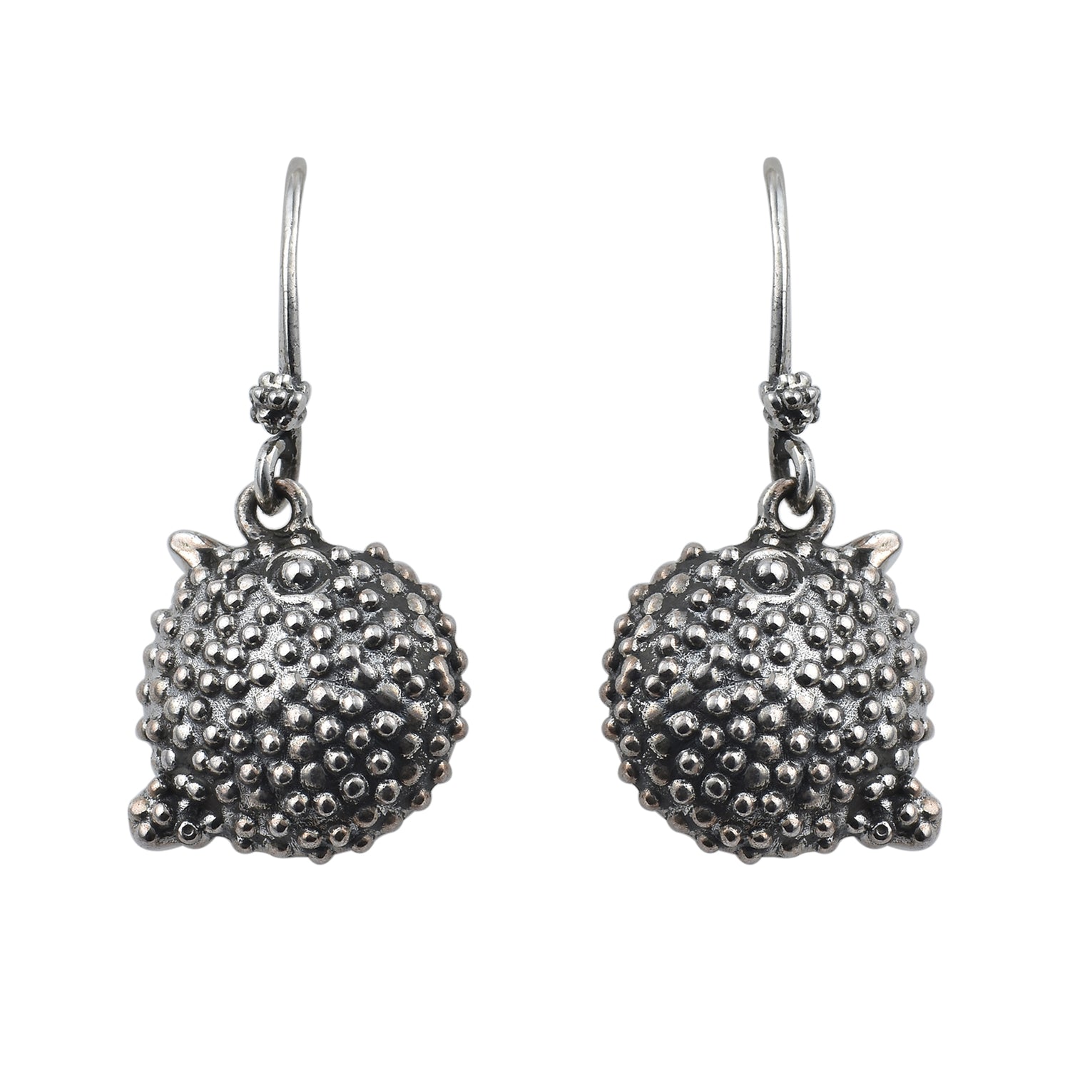 Handmade Ocean-Inspired Textured Puffer Fish Dangle Earrings 925 Sterling Silver