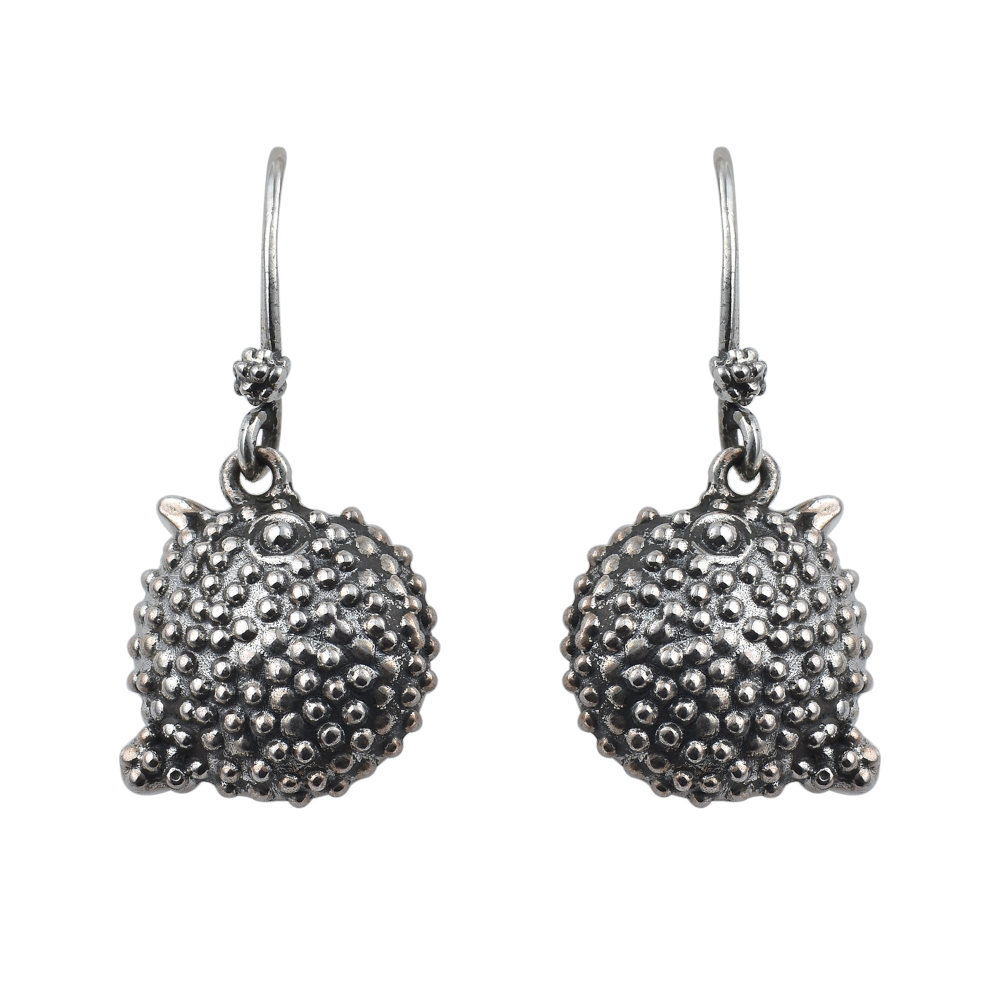 Handmade Ocean-Inspired Textured Puffer Fish Dangle Earrings 925 Sterling Silver