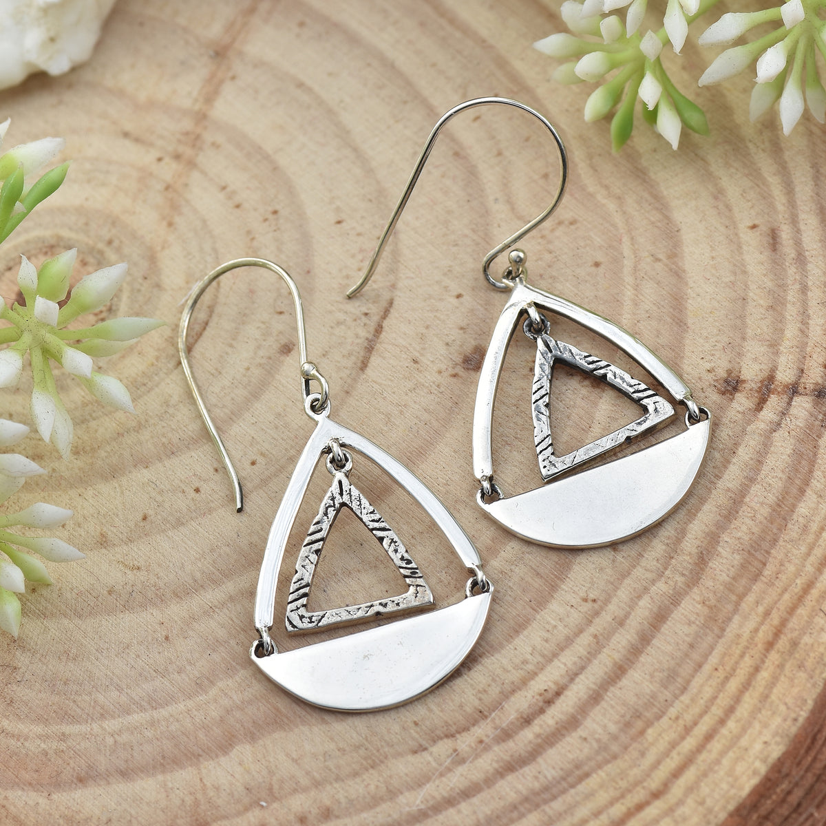 Geometric Triangle Teardrop Dangle Earrings – 925 Sterling Silver