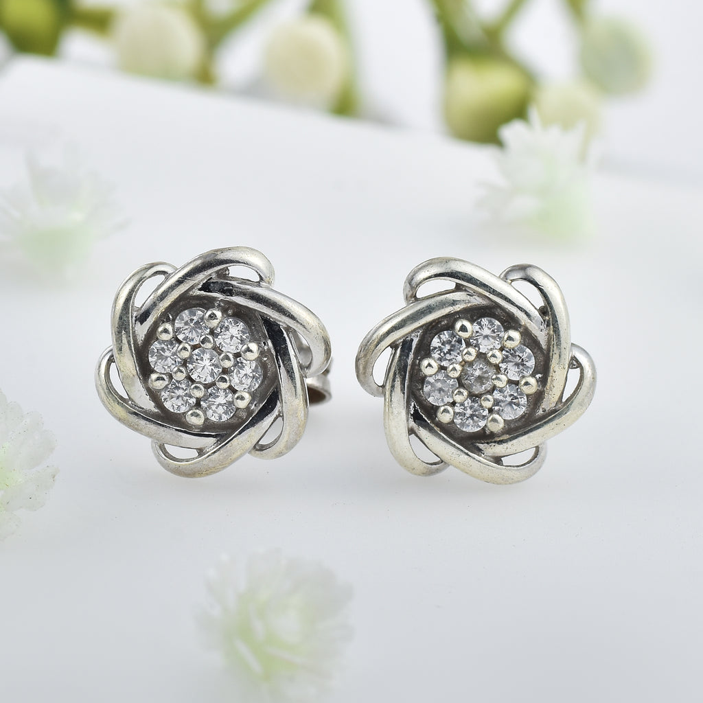 White Stone Floral Knot Stud Earrings 925 Sterling Silver