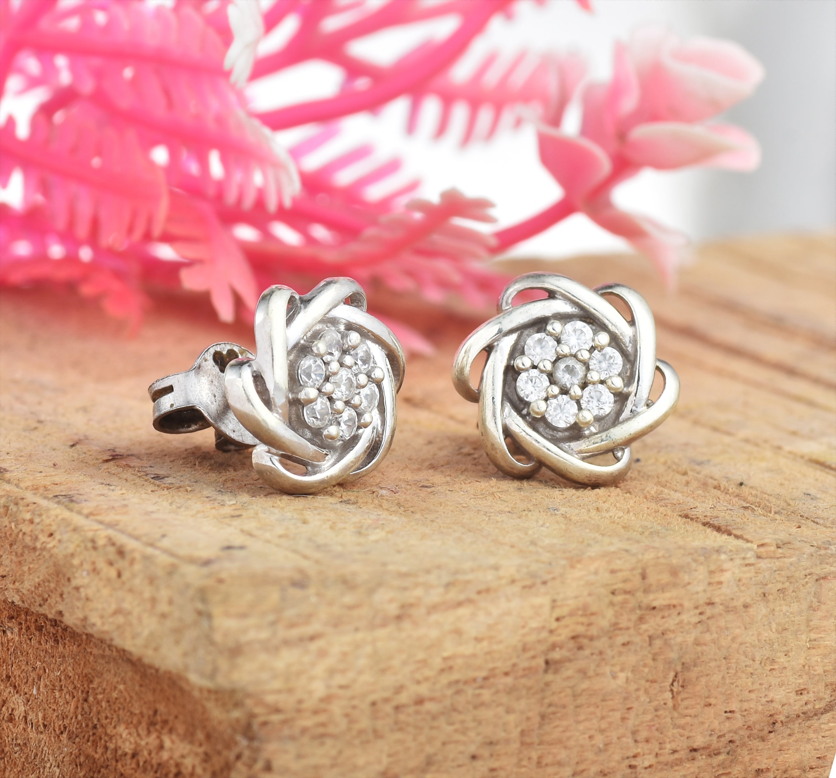 White Stone Floral Knot Stud Earrings 925 Sterling Silver