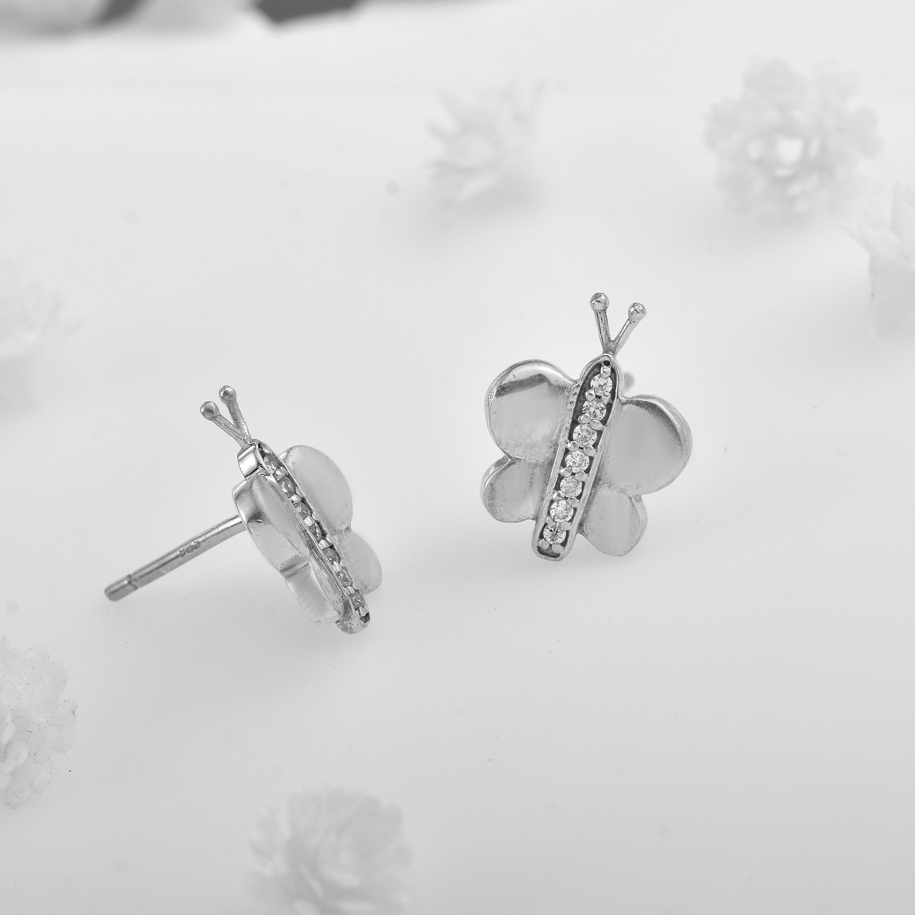 925 Sterling Silver Butterfly Stud Earrings with CZ Accents