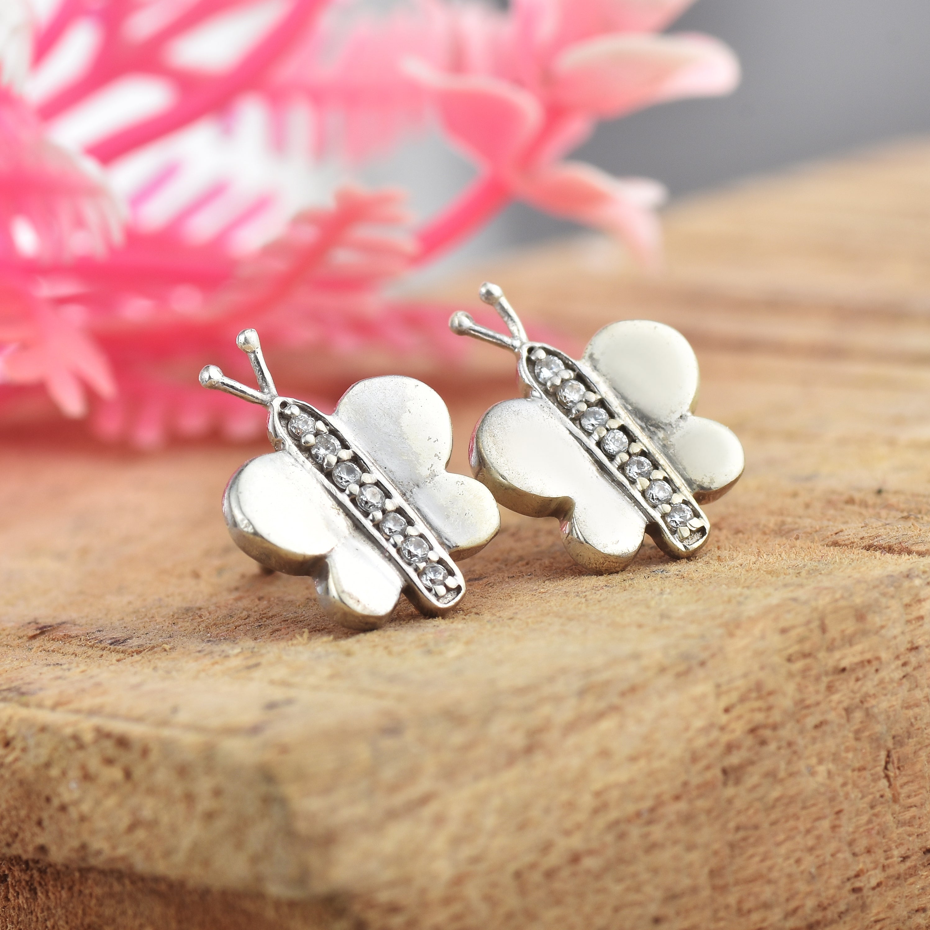 925 Sterling Silver Butterfly Stud Earrings with CZ Accents