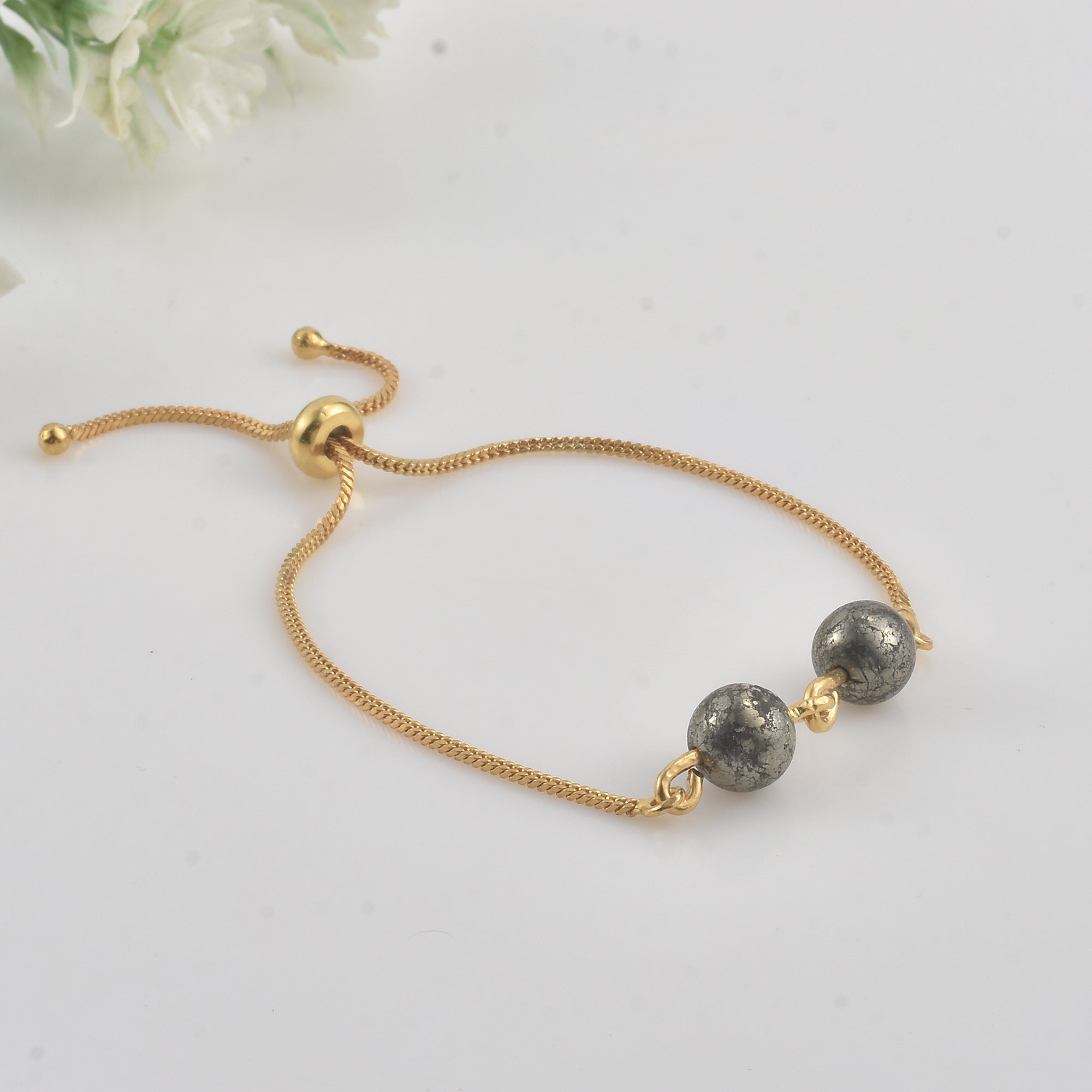 925 Sterling Silver Gold Plated Adjustable Pyrite Slider Bracelet