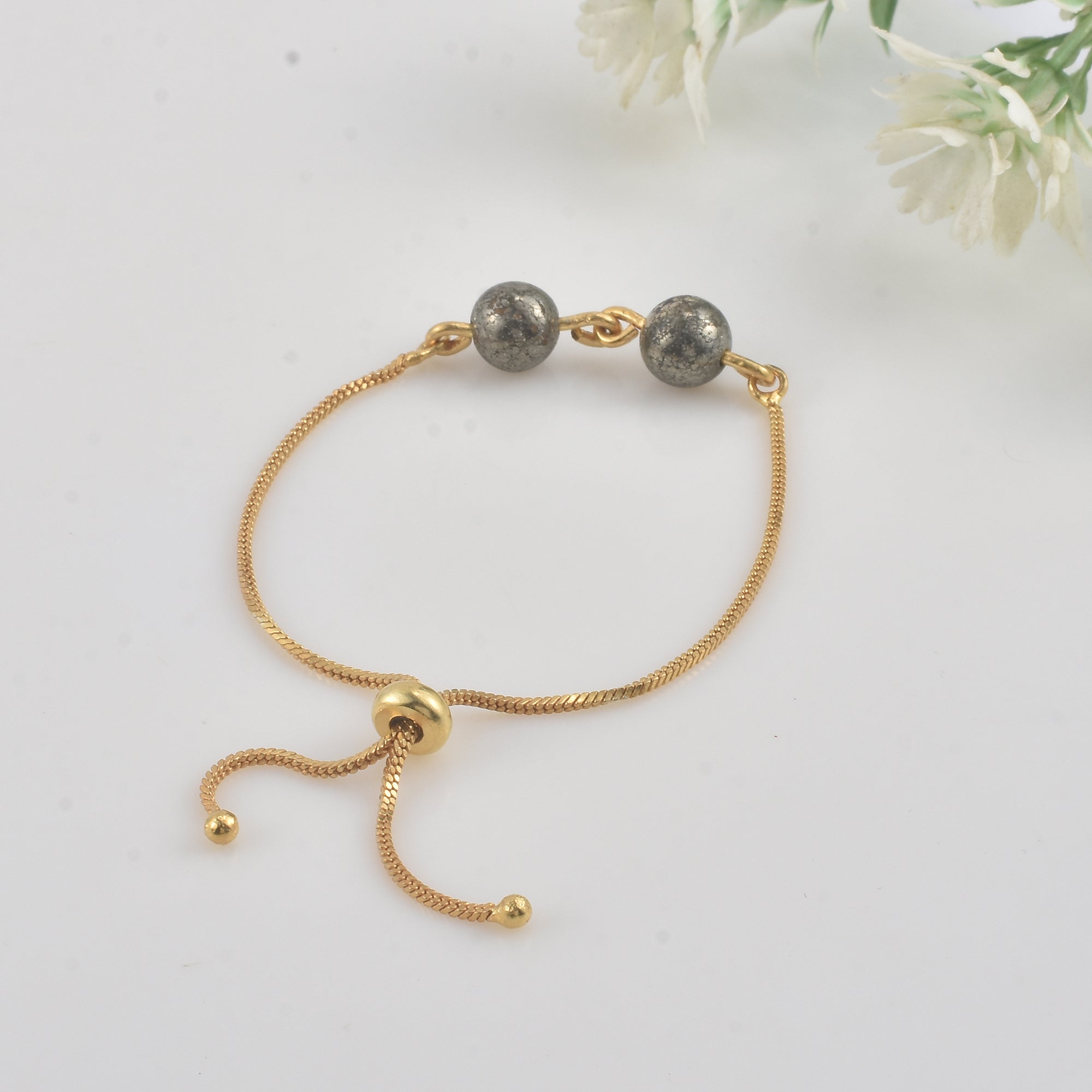 925 Sterling Silver Gold Plated Adjustable Pyrite Slider Bracelet