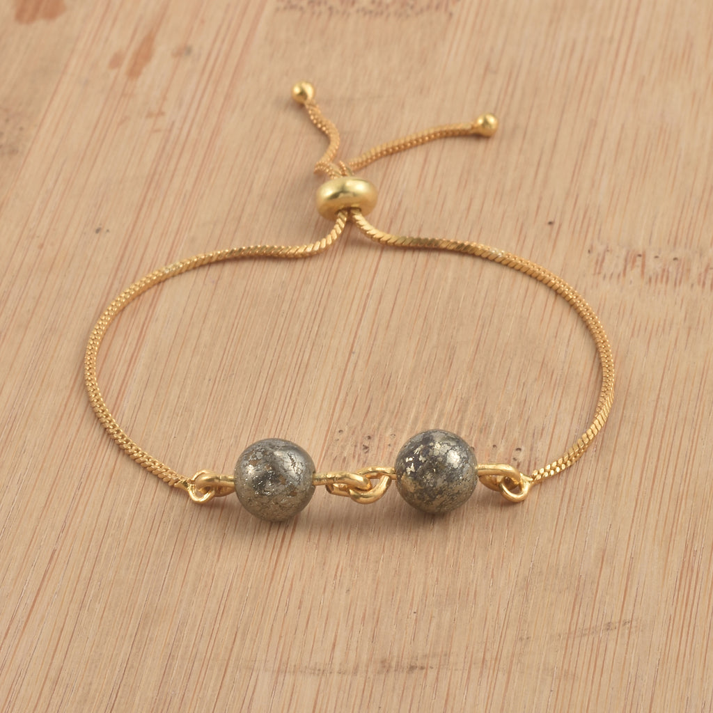 925 Sterling Silver Gold Plated Adjustable Pyrite Slider Bracelet