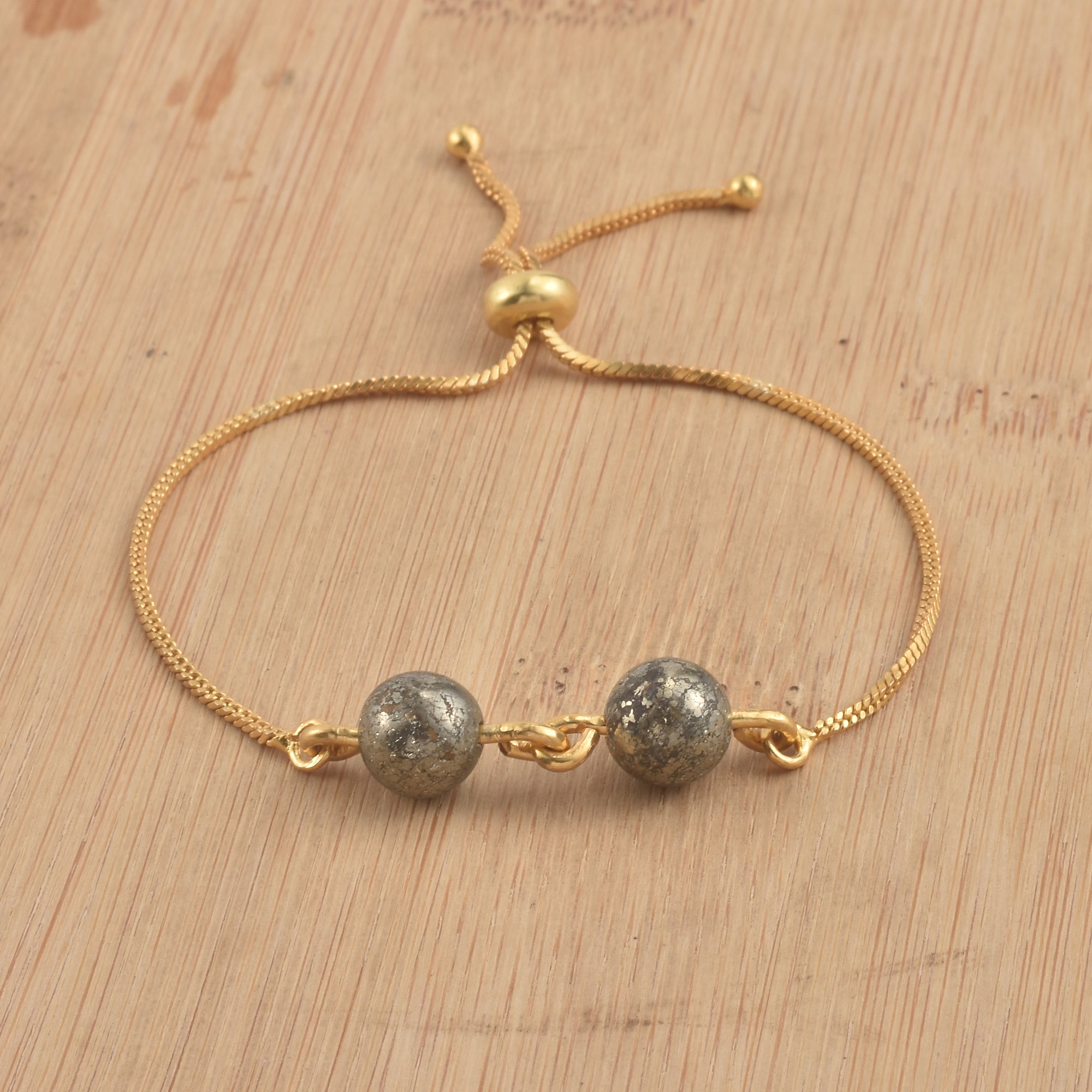925 Sterling Silver Gold Plated Adjustable Pyrite Slider Bracelet