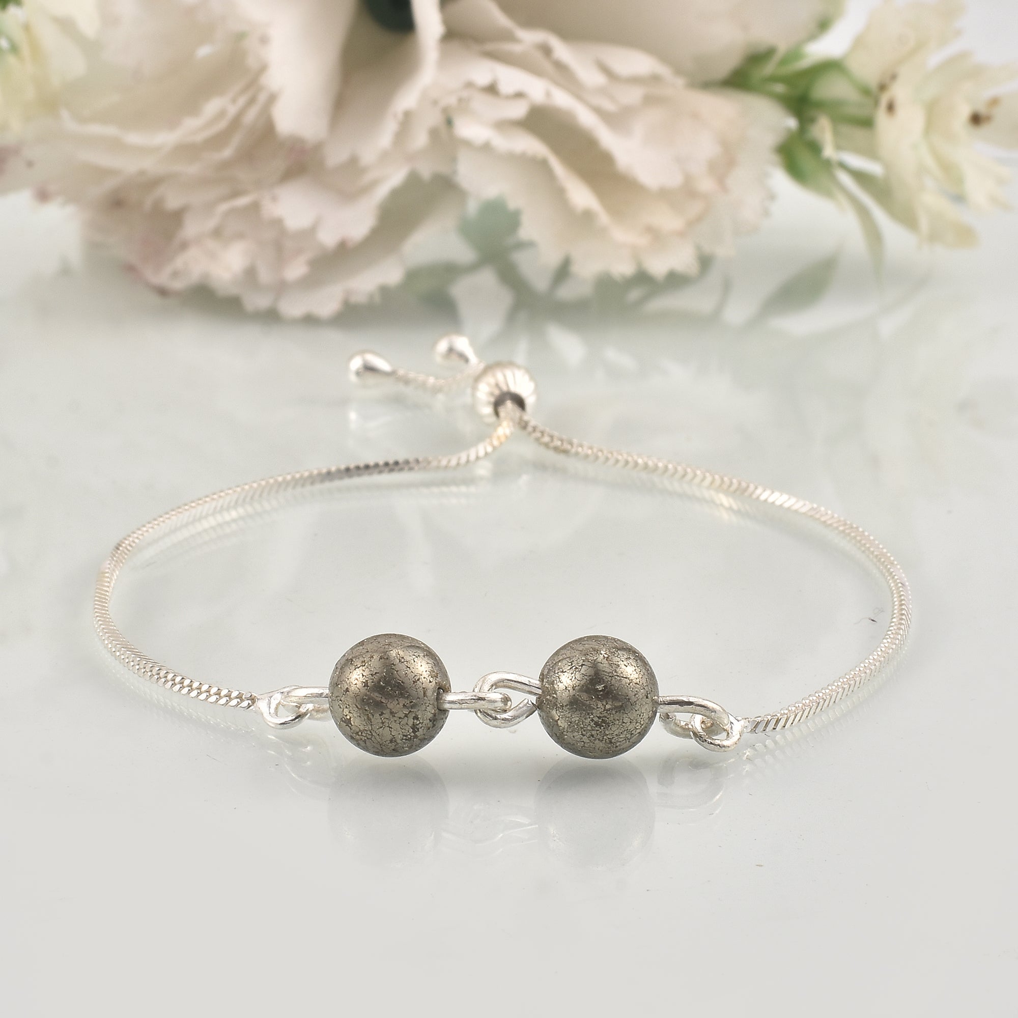 925 Sterling Silver Adjustable Pyrite Slider Bracelet