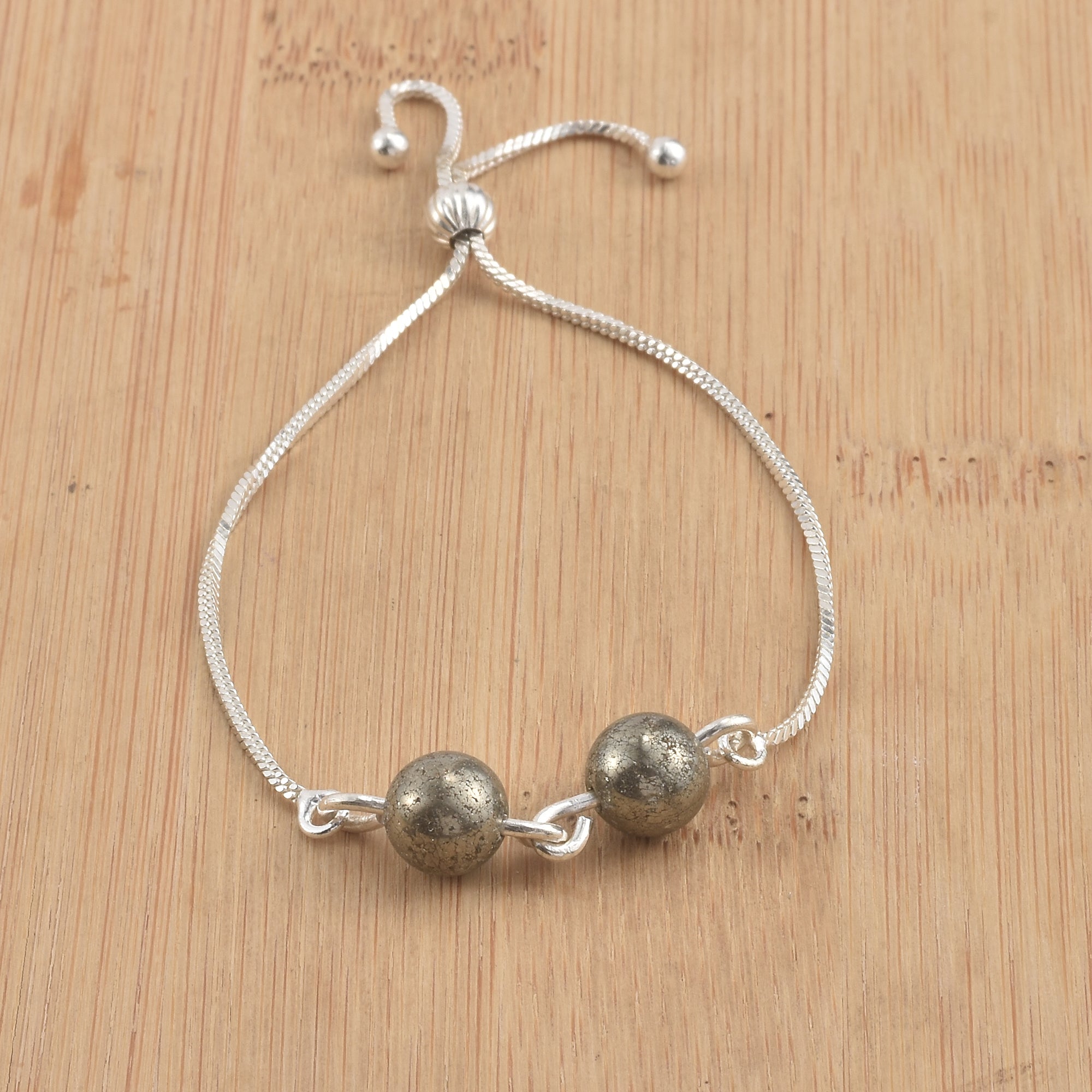 925 Sterling Silver Adjustable Pyrite Slider Bracelet