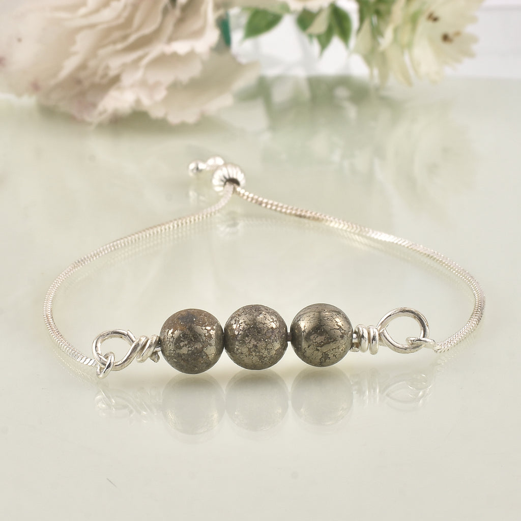 925 Sterling Silver Adjustable Pyrite Bead Slider Bracelet
