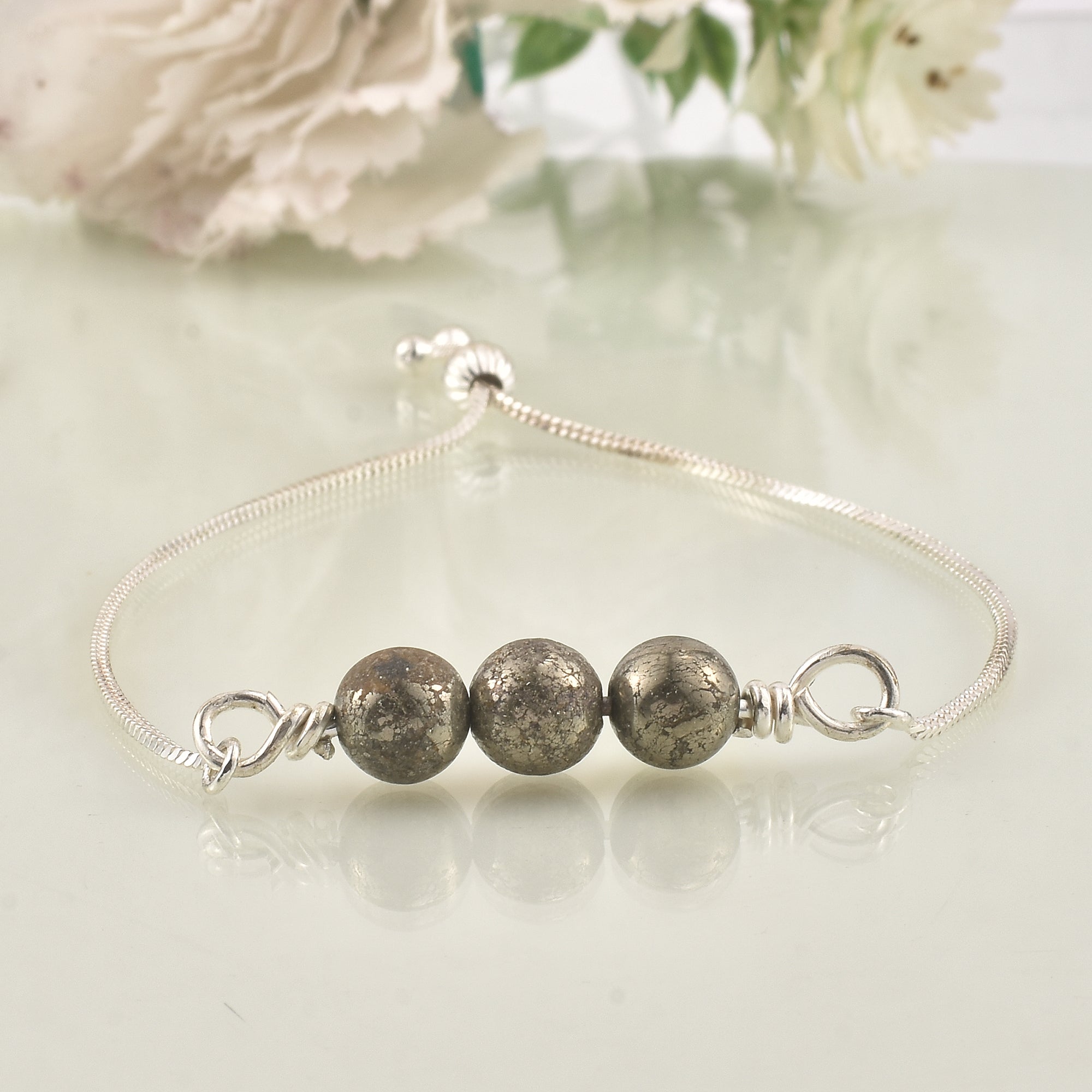 925 Sterling Silver Adjustable Pyrite Bead Slider Bracelet