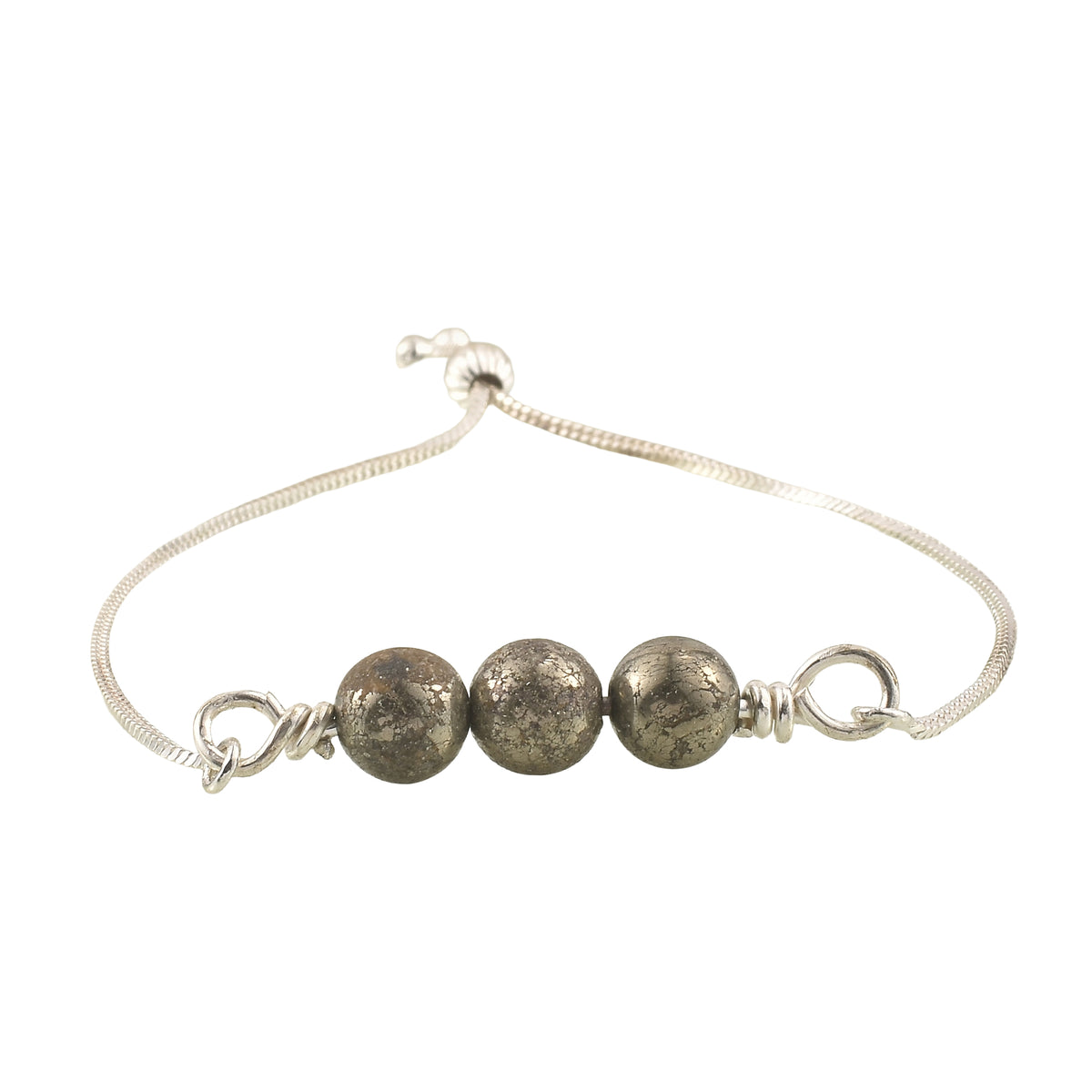 Adjustable Slider Demifine Bracelet with Triple Pyrite Beads – Silver Finish