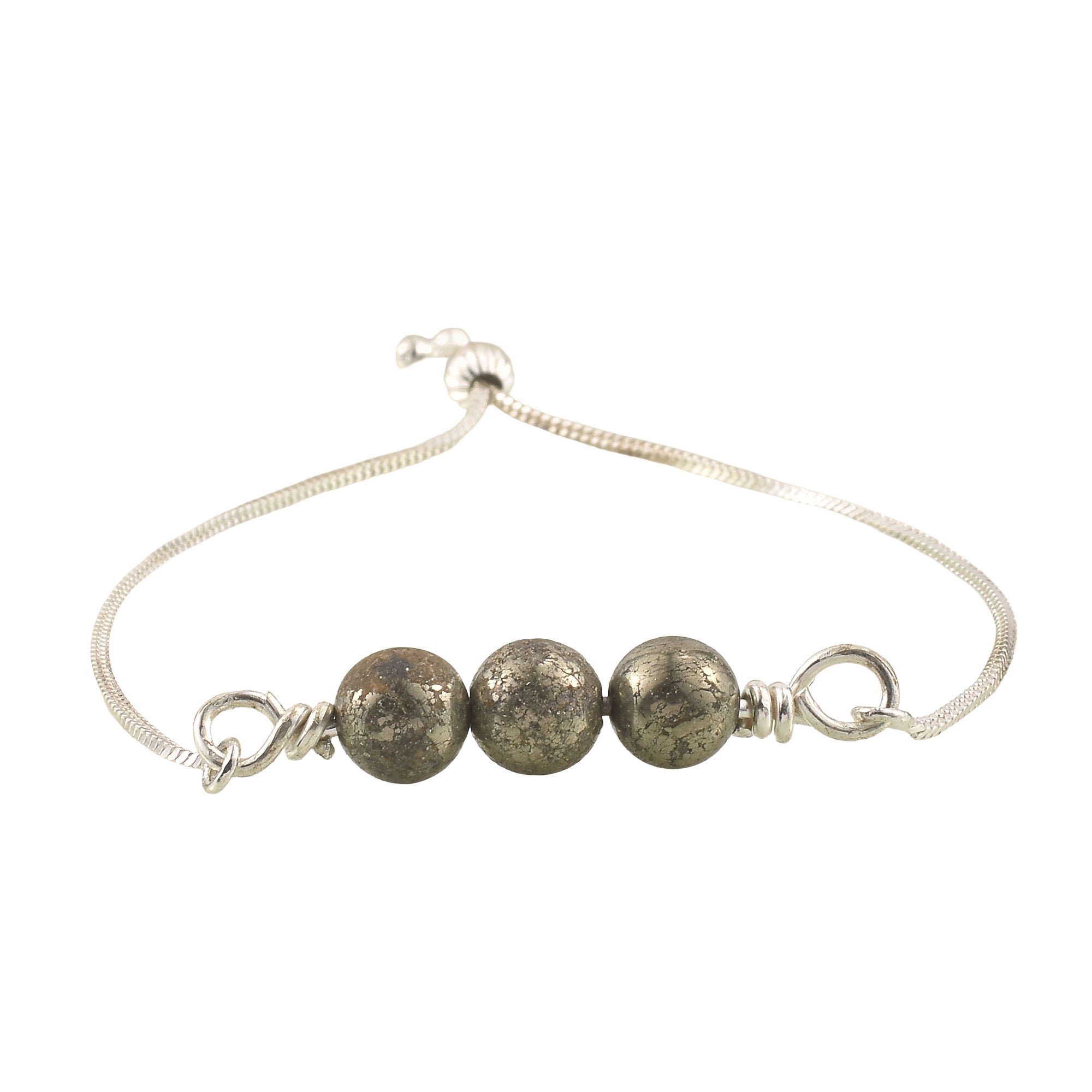 925 Sterling Silver Adjustable Pyrite Bead Slider Bracelet