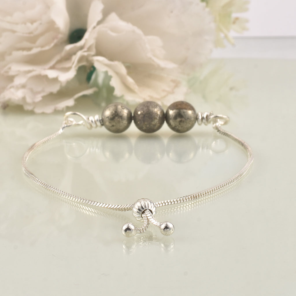 925 Sterling Silver Adjustable Pyrite Bead Slider Bracelet