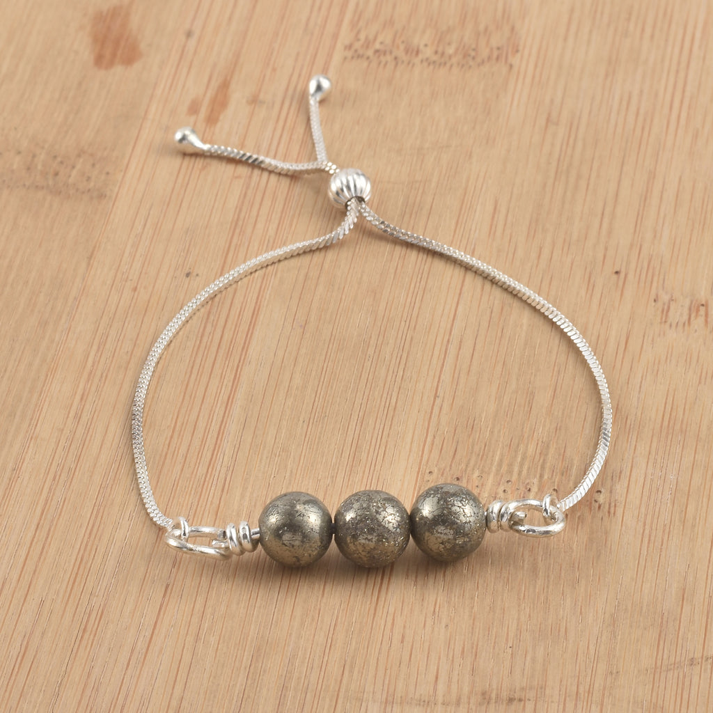 925 Sterling Silver Adjustable Pyrite Bead Slider Bracelet