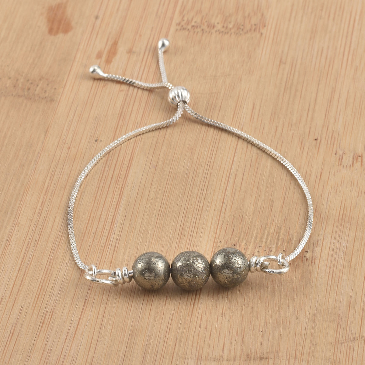 Adjustable Slider Demifine Bracelet with Triple Pyrite Beads – Silver Finish